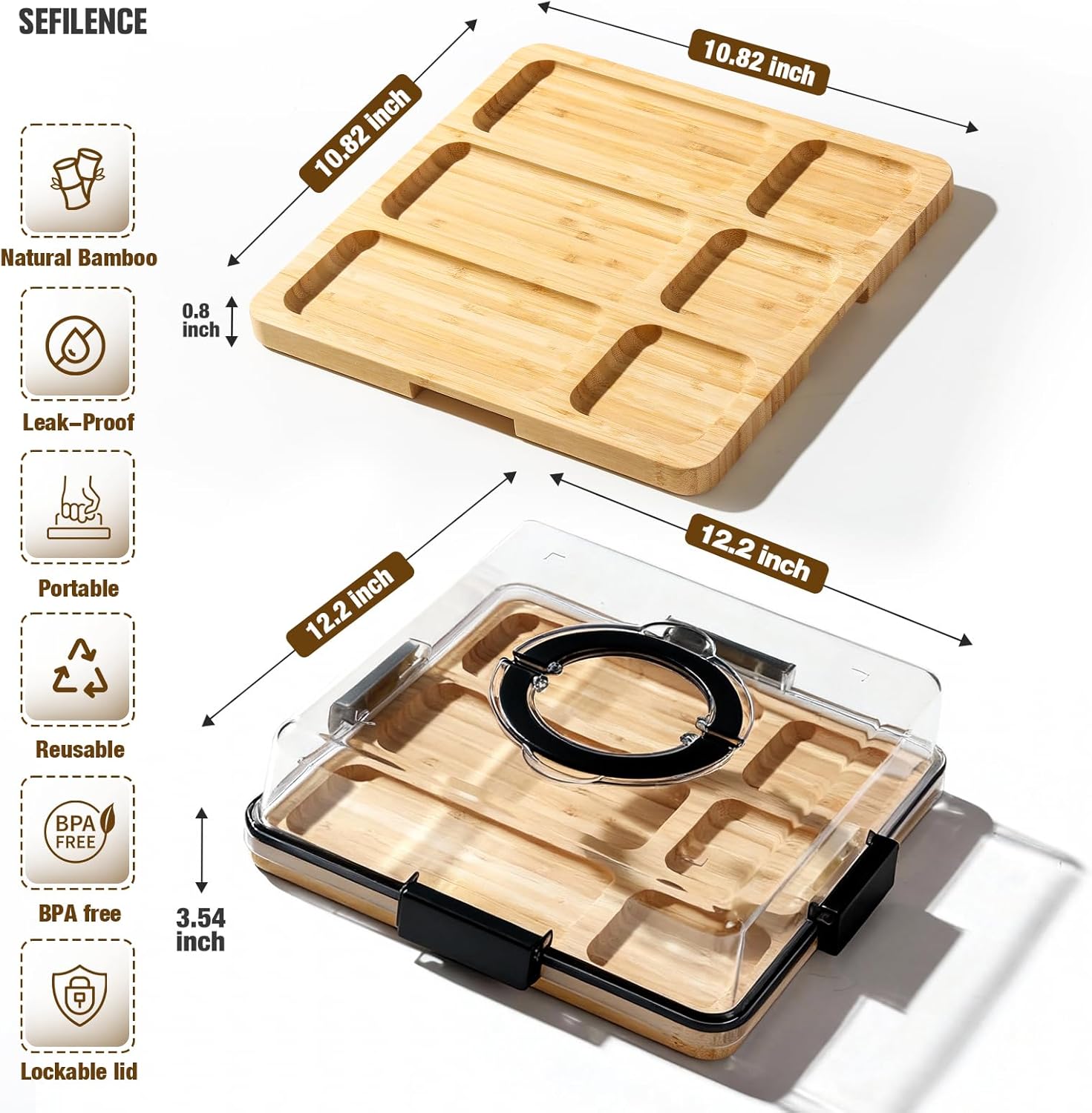 Charcuterie Board with Clear Locking Lid and Handle, 6 Compartment Bamboo Cheese Board Snackle Box, Portable Cutting Board for Snacks, Fruits&Meats, Ideal Gift for Parties, Birthday& House Warming - Image 2