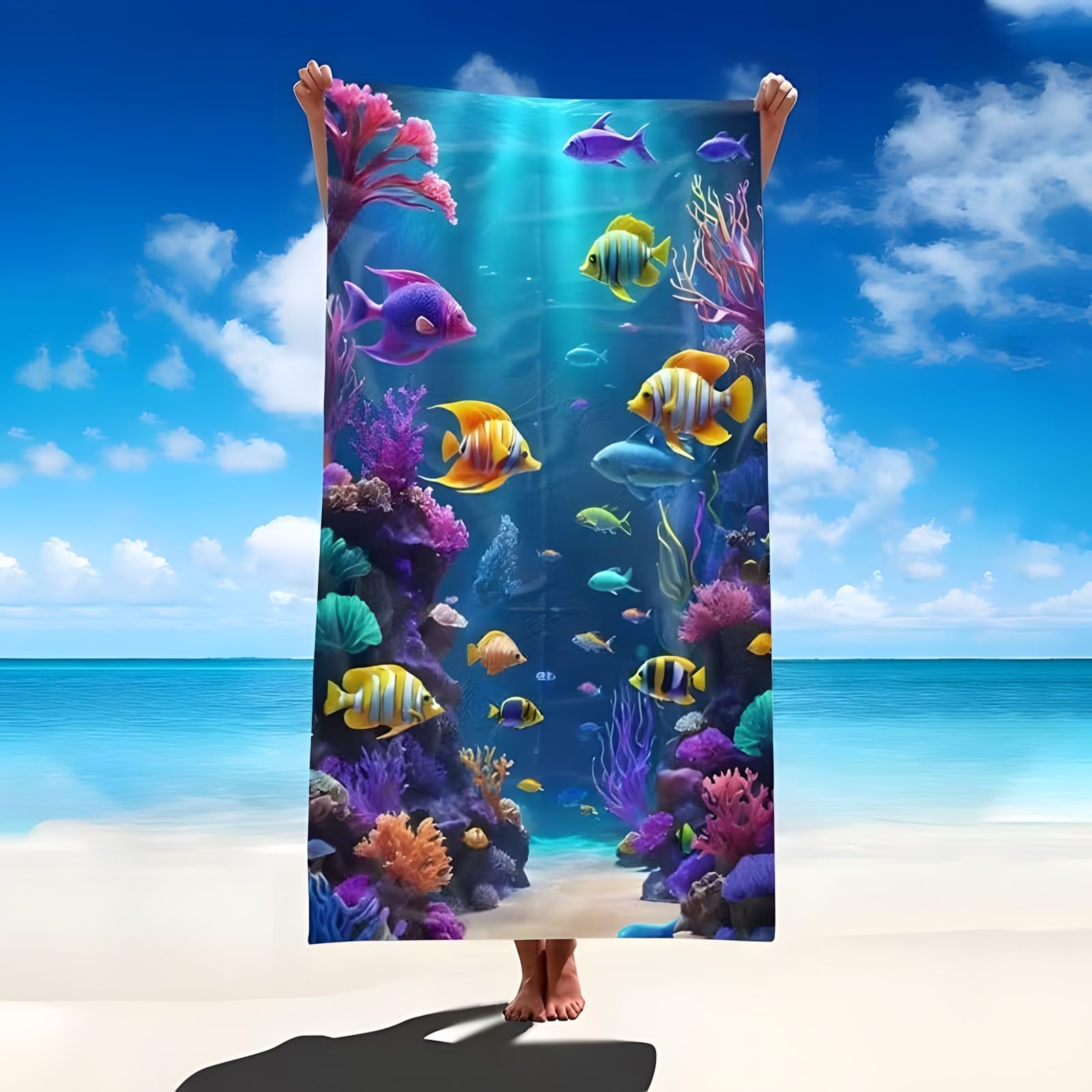 YZQGLHP School Of Fish Microfibre Beach Towel Coral Beach Bath Towel Quick Drying, Lightweight, Sand-Free, Durable, for Pool, Gym, Camping, Travel Towel 90x160cm