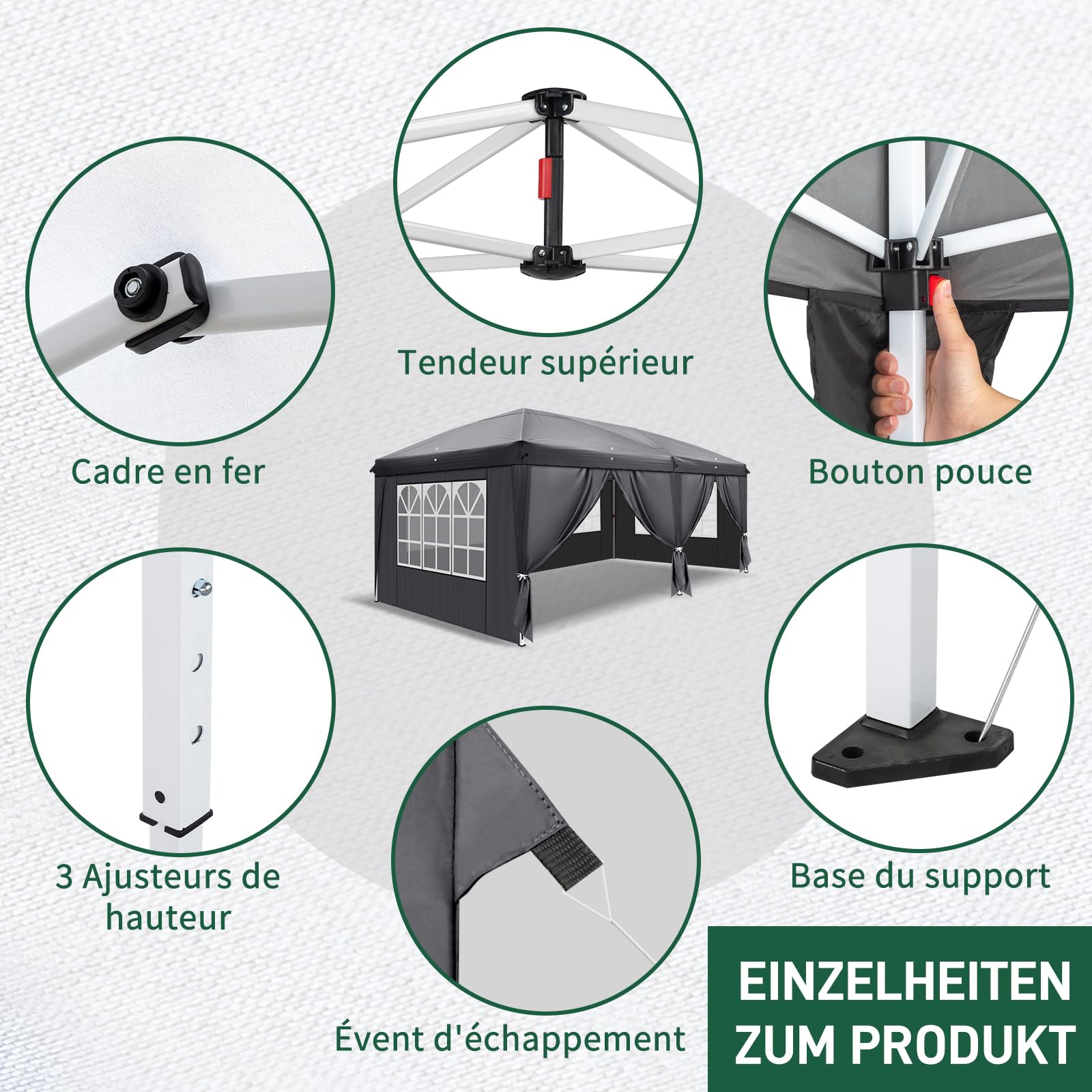 LEADZM Pavillon 3x6 m,Pop-Up Faltpavillon One-Touch, Metallrahmen,Wasserdicht UV-Schutz 50+ Stabil, Höhenverstellbar,Gartenzelt Partyzelt mit 6 Seitenteilen für Camping,Party,Anthrazit