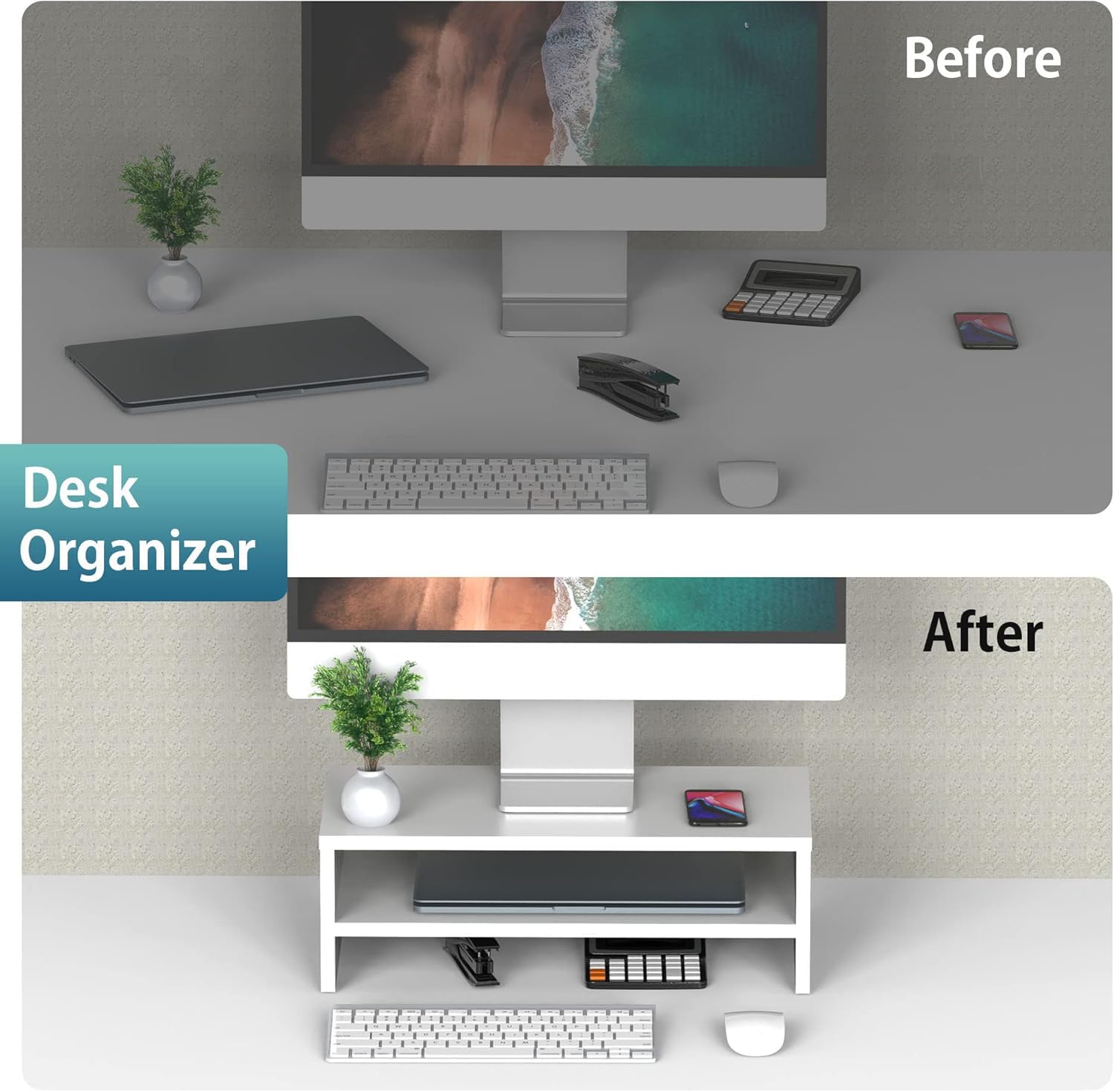 FITUEYES Soporte Monitor Madera 2 Capas 42.5x23.5x14cm Blanco