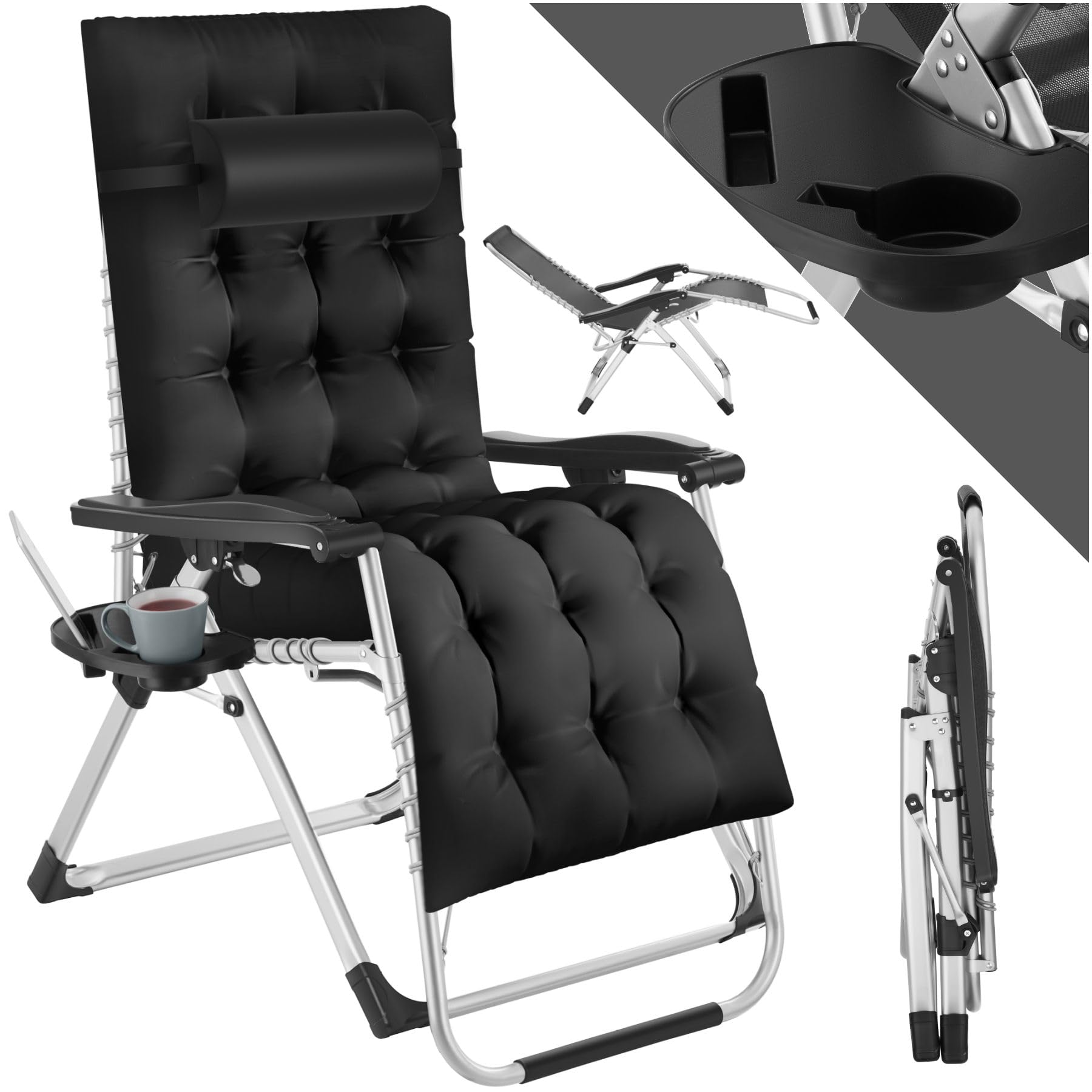 TecTake® Silla Tumbona Plegable para Playa y Jardín, Cojín Cabezal Extraíble, Estructura de Acero Durable, Mesa Auxiliar, Ideal como Silla Camping y Picnic, Silla Exterior Terraza - Negro