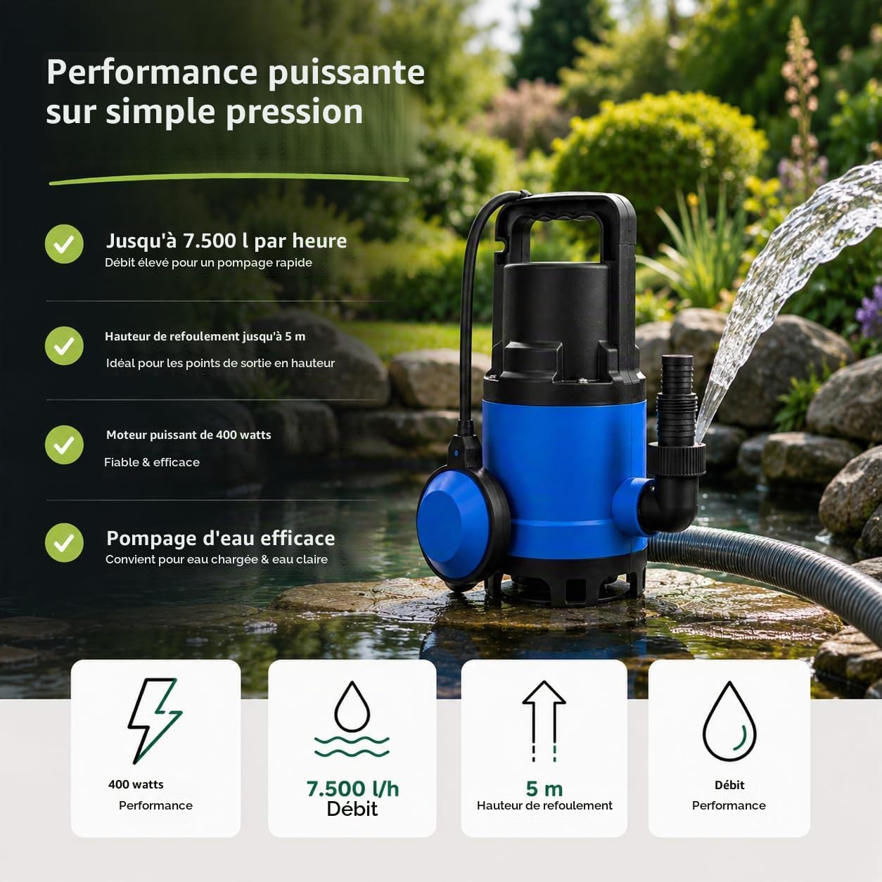 Pompe à eaux usées 7500 l/h avec 400 W – Hauteur de refoulement max. 5 m et profondeur de plongée 4 m, câble de 10 m, protection thermique, roue de course Noryl robuste – Pompe submersible
