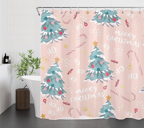 Miniatura 4 de Cortina de ducha azul con árbol de Navidad para baño, divertido patrón de dibujos animados y estrellas dulces sobre tela rosa con 12 ganchos, juego