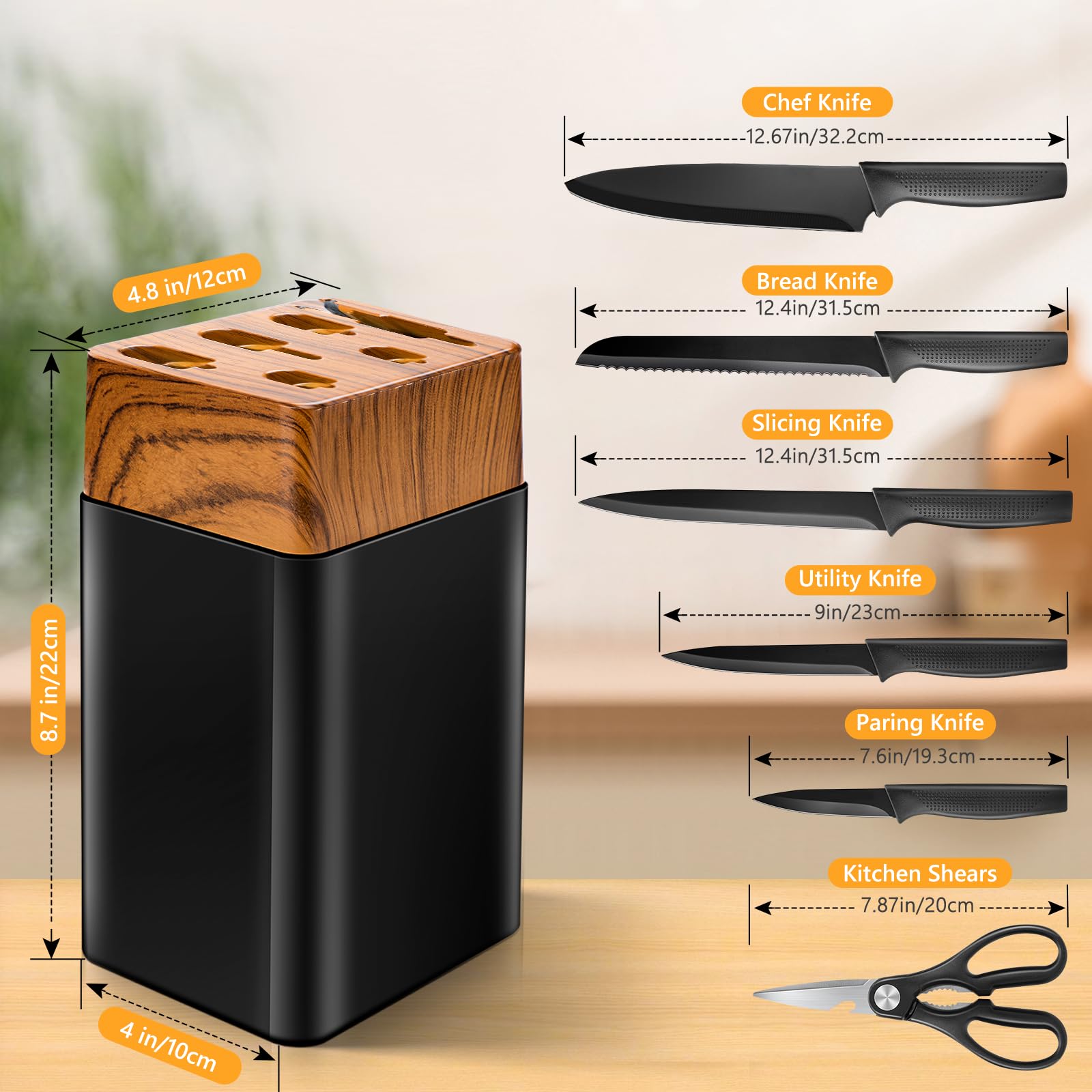 VINATO Juego de Cuchillos de Cocina, de 7 Piezas con Bloque y Afilador de Cuchillos Integrado, Set Cuchillos Cocina con 5 Cuchillos Diferentes y 1 par de Tijeras, Negro