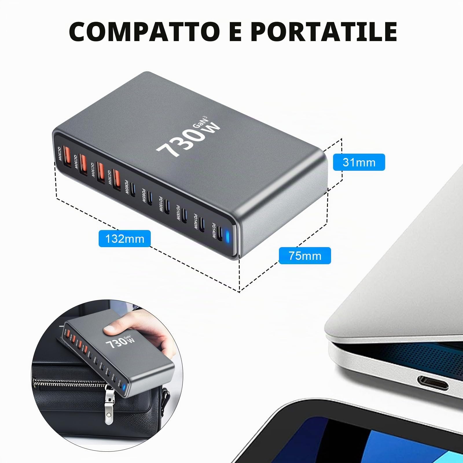 730W Caricatore USB Multiplo - 10 Porte (6 USB-C + 4 USB-A) con Ricarica Rapida, Stazione di Ricarica Compatta per Multi Dispositivi, Compatibile con MacBook, iPad, iPhone 16/15/14, Galaxy S22/S20