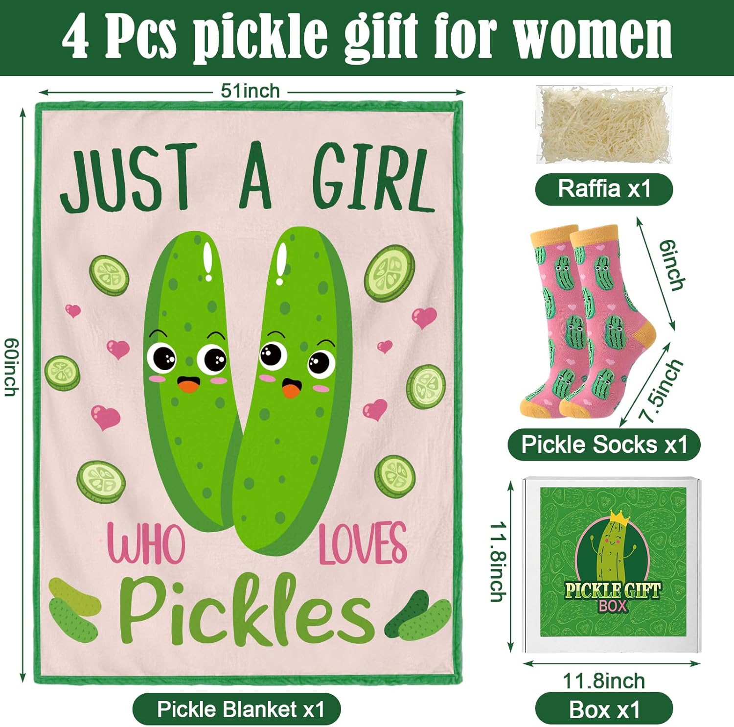 Buryeah 4 Pcs Christmas Pickle Gifts for Women Funny Pickle Gifts for Pickles Lovers Just a Girl Who Loves Pickles 50'' x 60'' Blanket Dill Crew Socks with Raffia Gift Box for Christmas Birthday Gift - Image 4