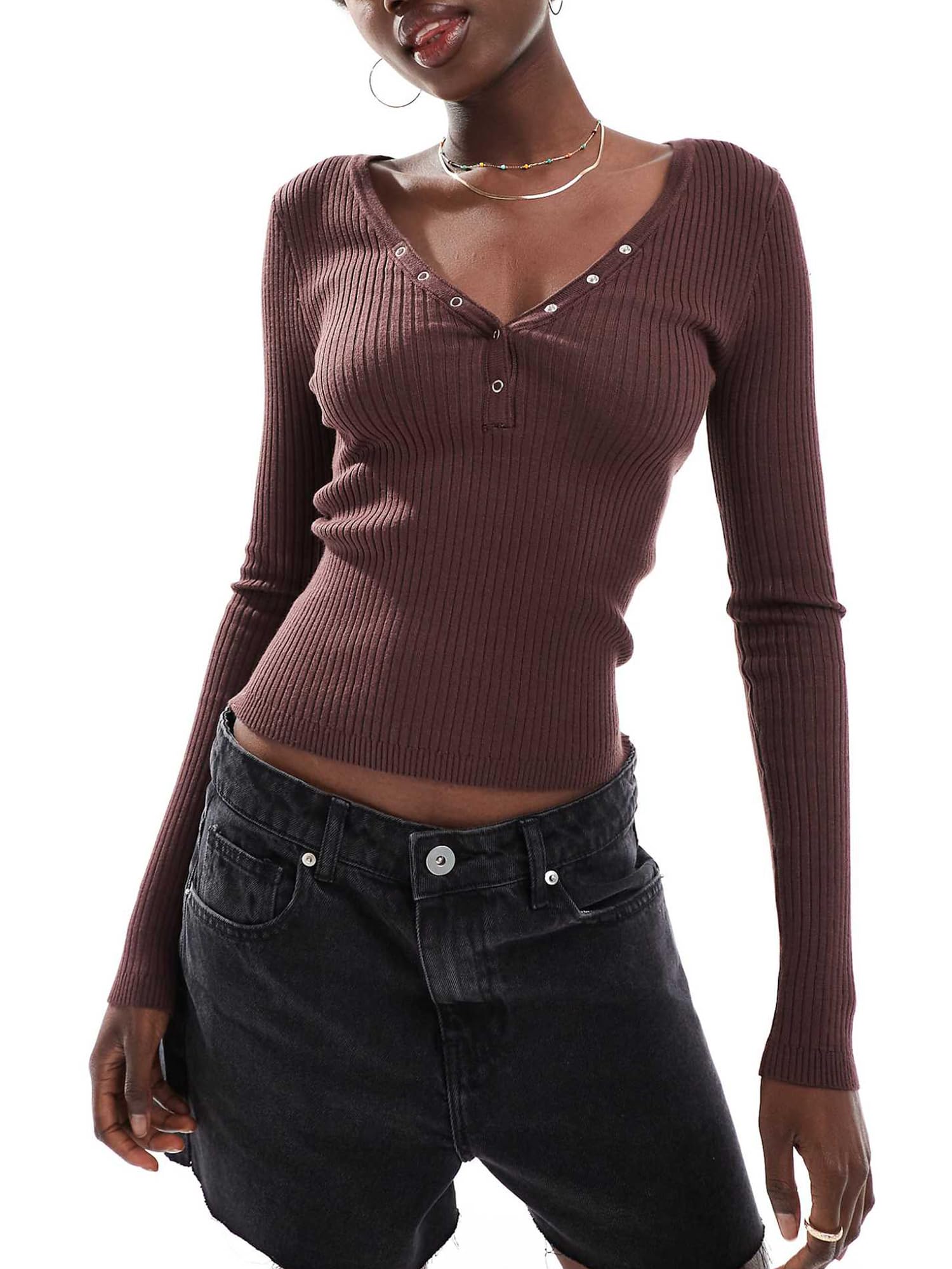 Women's Long Sleeve Knit Shirts Button V Neck Slim Fit Ribbed Trendy Basic T Shirt Y2K Teen Knit Henley Shirts (A-Dark Brown, S) - Image 4