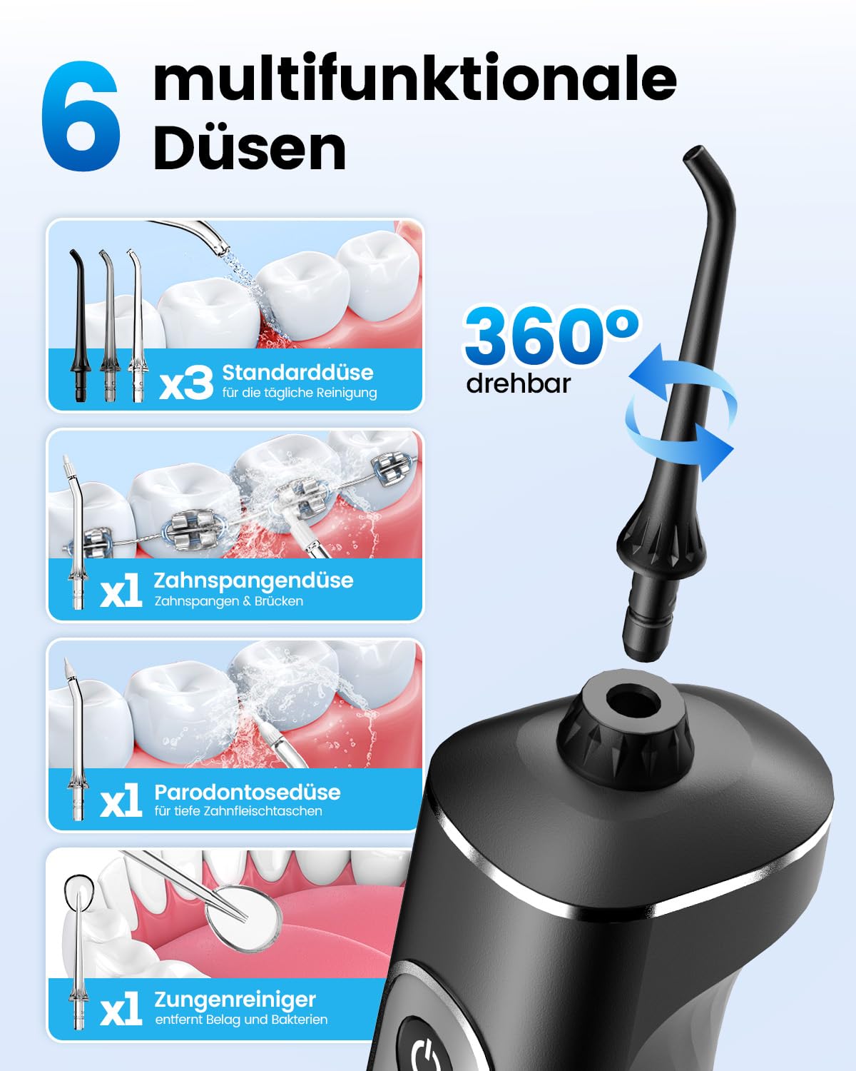 JTF Jet Dentaire Hydropulseur Oral - 300 ML Sans Fil Irrigateur, 3+1 Modes, Étanche IPX7 Water Flosser, Idéal pour Orthodontie, Appareil Dentaire, Gencives Sensibles Maison et Les Voyages(Noir) - 5