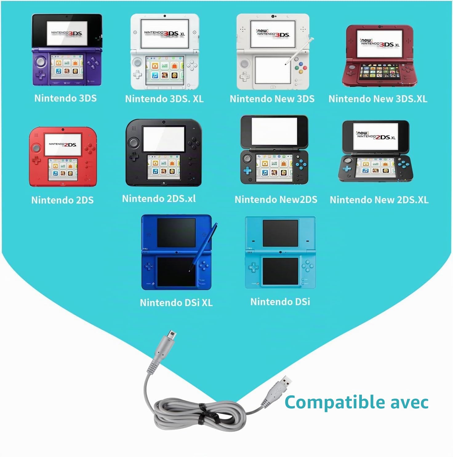 SENBOMA Lot de 2 câbles de charge 3DS – 1,5 m OEM Original Cordon de charge de rechange pour New 3DS XL New 3DS 3DS XL New 2DS XL New 2DS 2DS DSi DSi XL New 2DS 2DS DSi DSi XL (emballage en vrac) (2)