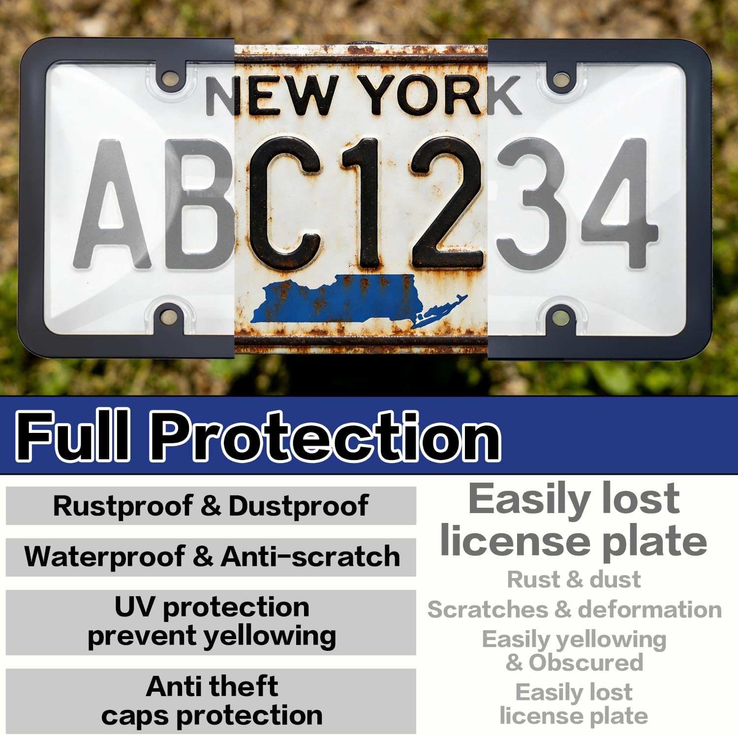 2 Pack License Plate Protector & Frame Combo, Clear Plastic Car Front/Rear Covers with Screws Caps, Universal Fit Car Accessories + Bonus Valve Stem Caps, Adhesive Pads & Mini Screwdriver