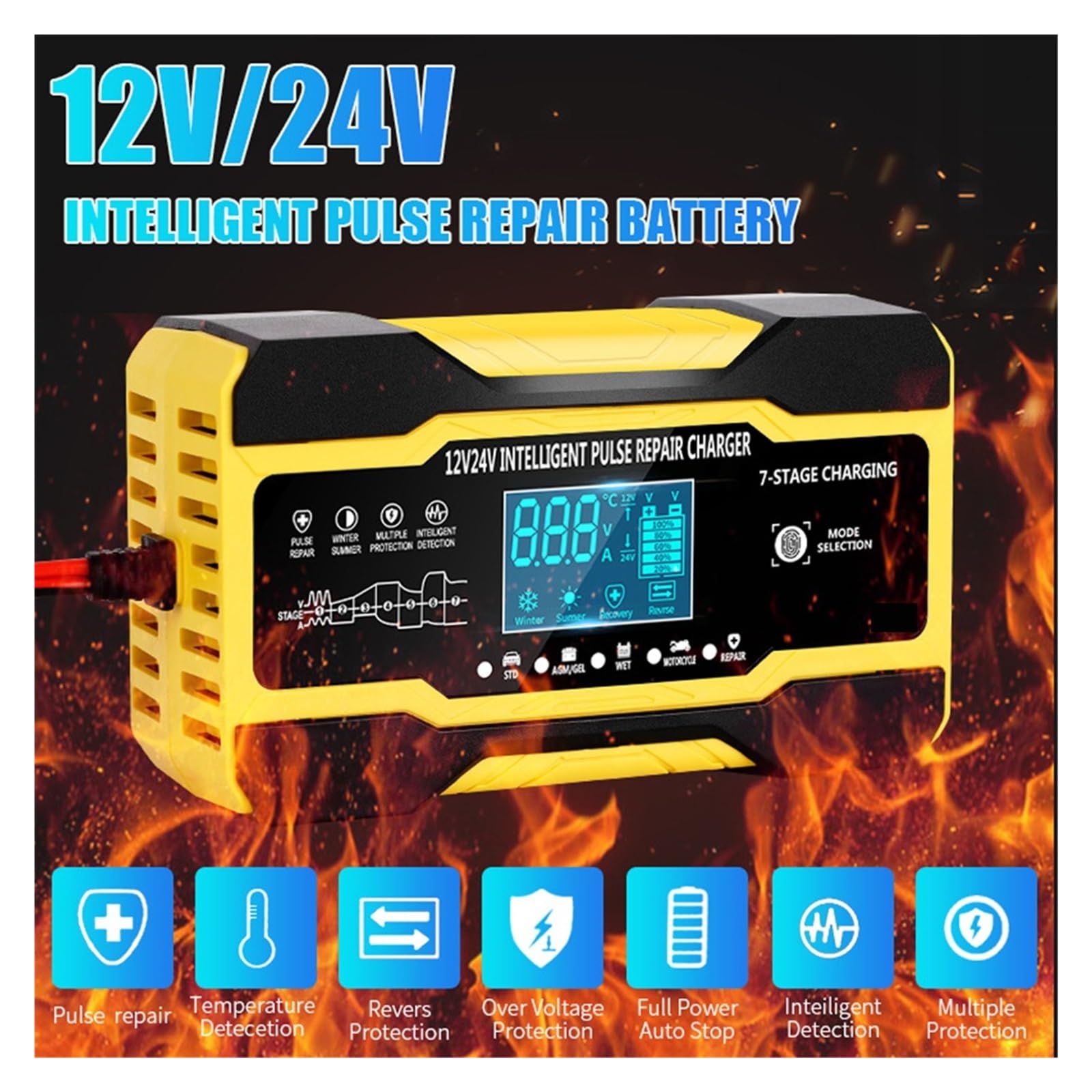 W Pełni Automatyczna Ładowarka Samochodowa 12V 10A 24V 5A Inteligentne Szybkie Ładowanie Do Ładowarki Akumulatora Kwasowo-ołowiowego Wyświetlacz LCD łAtwa W UżYciu(Red)