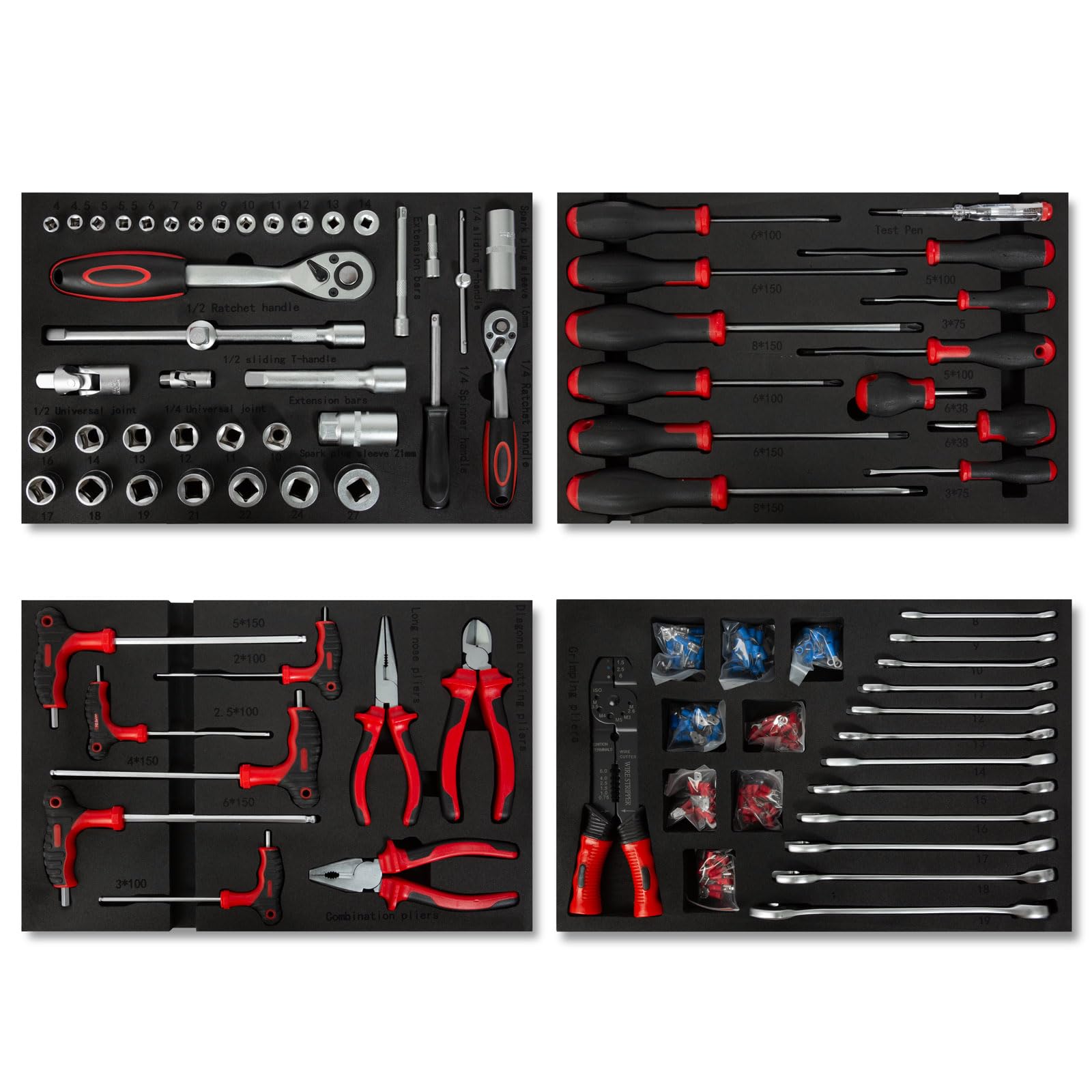 EBERTH Set d'outils multitâches 81 pièces Pour servante d'atelier, inserts d'outils étiquetés en mousse, Pour 4 tiroirs, Equipement automobile et d'atelier professionnel, Rouge