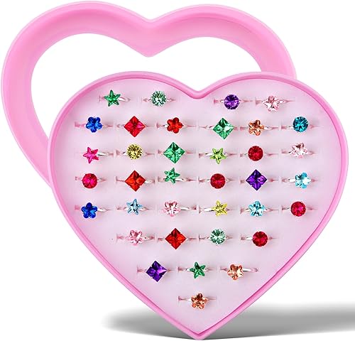 BXDOW 36 anillos de joyería para niñas pequeñas en caja, anillos de juego de simulación y disfraces para niños, lindos anillos de gemas de diamantes
