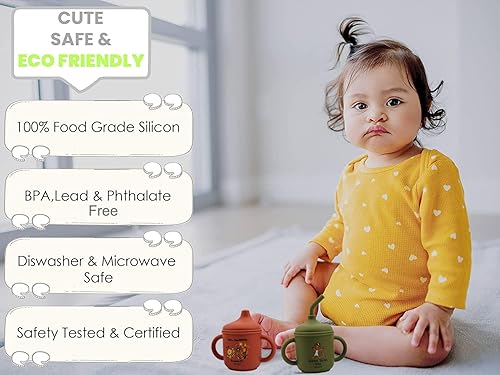 Miniatura 7 de Teleiotes 2 vasos de silicona para niños pequeños, vasos de paja de transición para bebés de 12 meses +, vasos de entrenamiento para bebés con dos