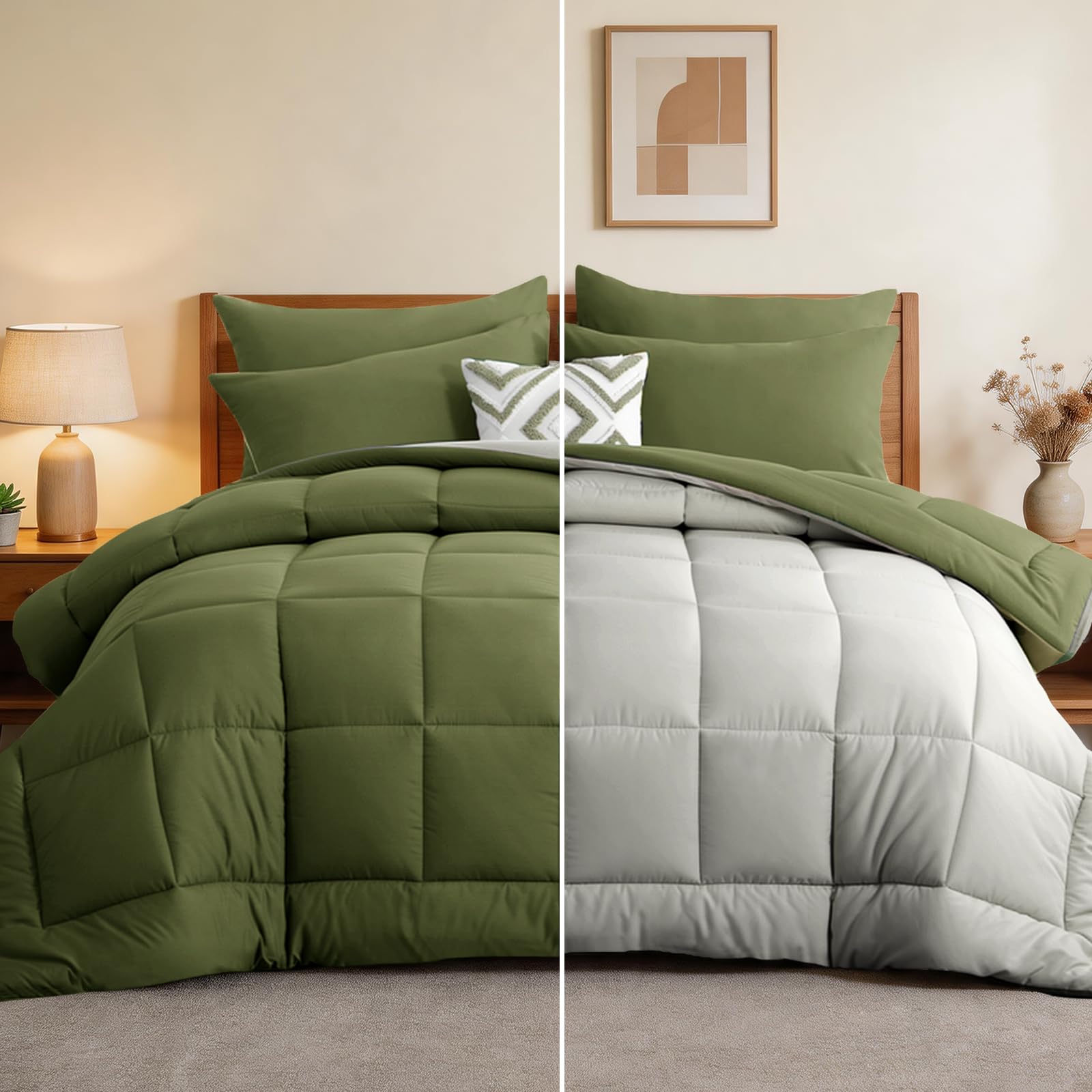 Tifschlaf Coverless Duvet King Size 10.5 Tog - Reversible Kingsize Bed Duvet for All Seasons, Luxury Lightweight Quilt Washable Comforter 230x220cm Olive Green/Beige