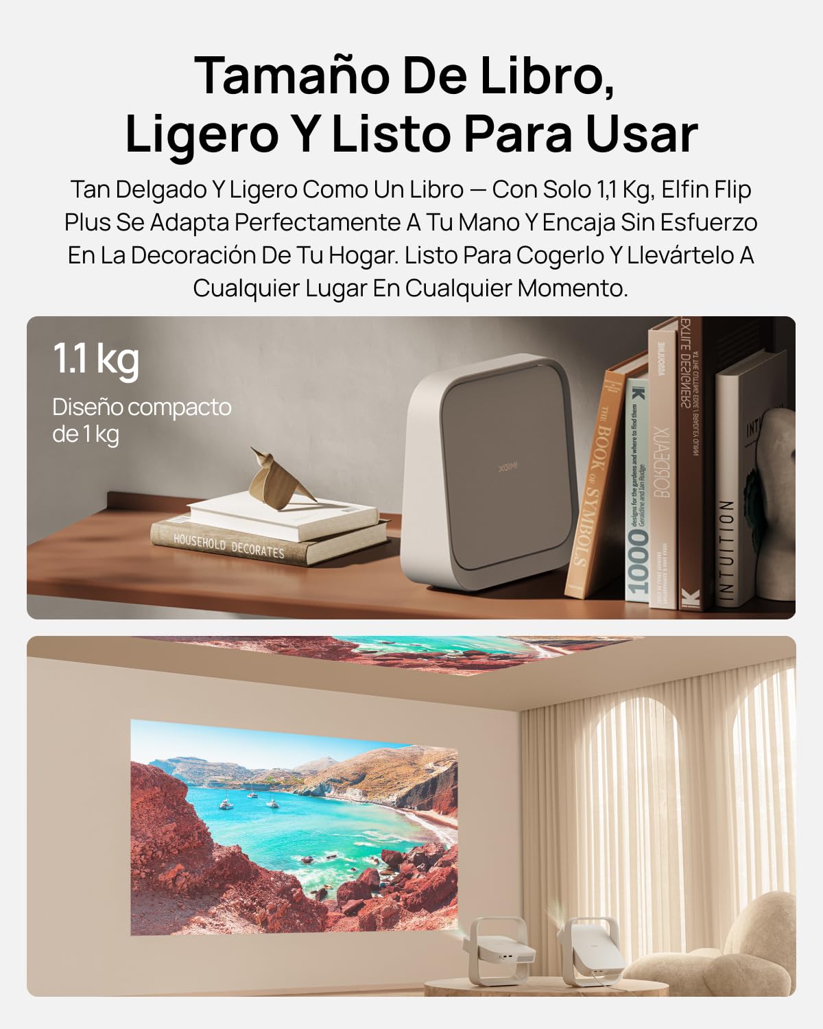 XGIMI Elfin Flip Plus Proyector Portátil, 500 Lúmenes ISO, Rotación de 150° | Google TV con Netflix Oficial para Cine en Casa, Contraste 4000:1, Diseño Ultra Delgado, Autoenfoque ISA y Altavoces