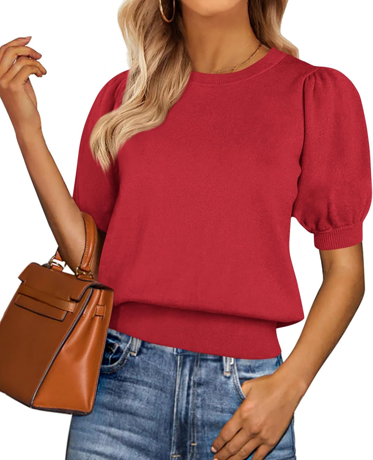 PRETTYGARDEN Womens Tops Spring 2026 Summer Puff Short Sleeve Sweater Crewneck Knit Work Blouses Dressy Casual Trendy Shirts