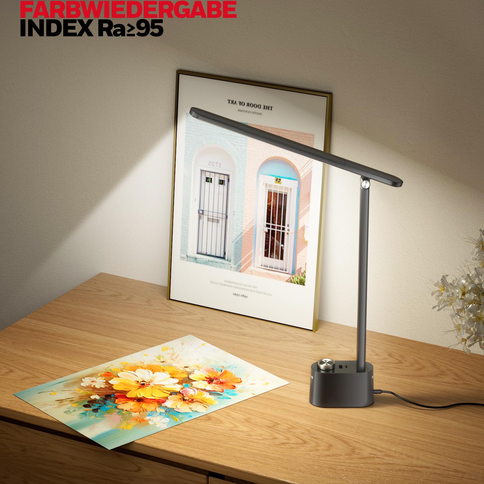 Honeywell H01 Pro augenschonende LED Tischleuchte für Zuhause | Sunturalux Chips, CRI≥95, 3000K-5500K, A+C Ladefunktion, dimmbare Tischleuchte für Studentenwohnheim, Schwarz