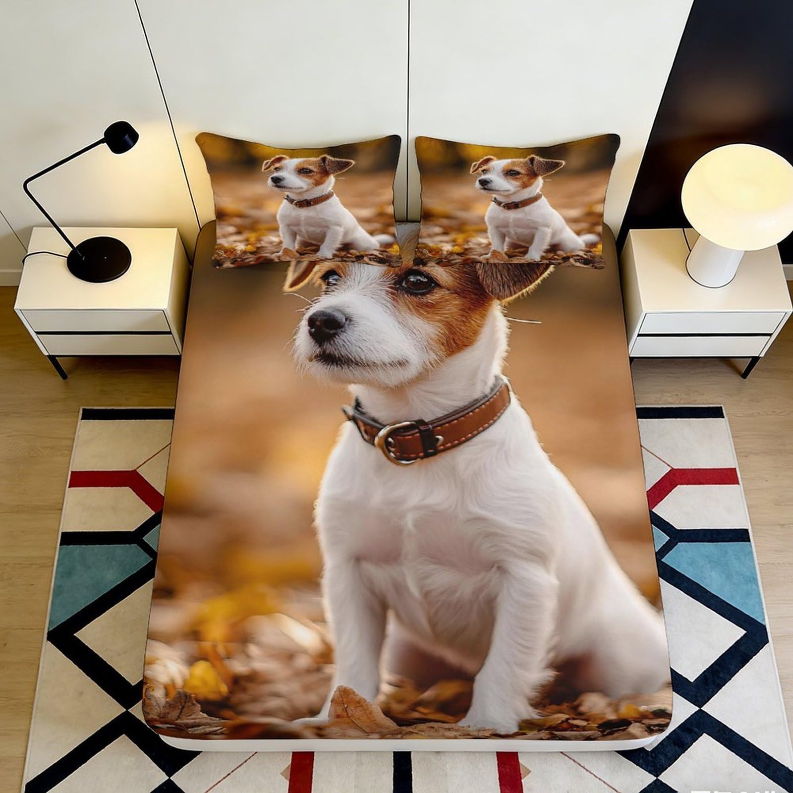 3D Printed Dog Autumn Leaves Fitted Sheet Microfiber Soft Anti-Slip Cute Puppy Bed Cover for Bedroom Guest Room 140x200x25cm