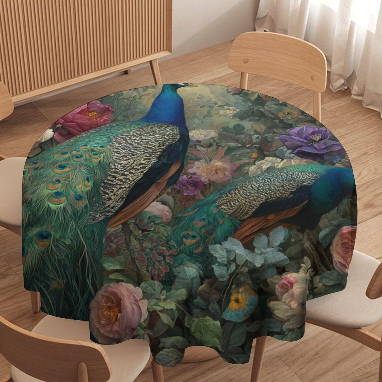 LUYYSKY Vintage Classic Elegant Peacock Waterproof Round Tablecloth Retro Watercolor Spring Garden Rose Flowers Animal Peacock Washable Table Cover for Kitchen-91.4" Wx91.4 L cm