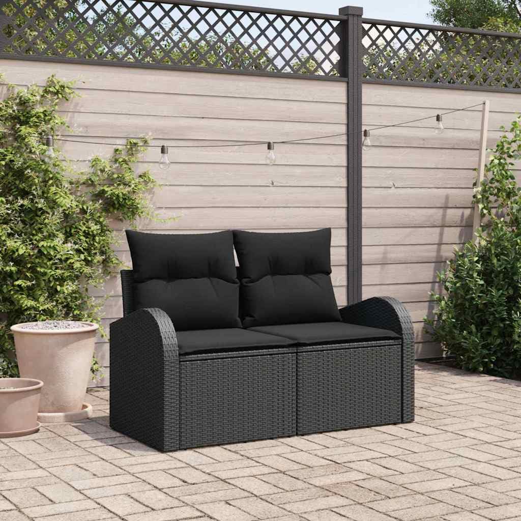 Divano da giardino nero, 124 x 62 x 69 cm, in rattan sintetico, 2 posti, per terrazza, balcone, set da giardino resistente alle intemperie