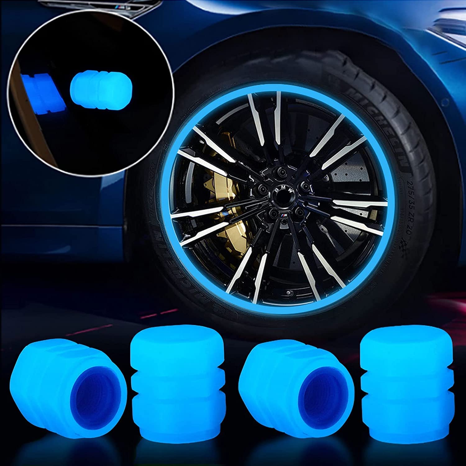 8Pcs Universal Fluorescent Car Tire Valve Caps Blue Luminous Tire Valve Stem Caps Universal, Luminous Tire Valve Stem Caps,Car Glow Tire Air Caps Cover for Motorcycles, Suv