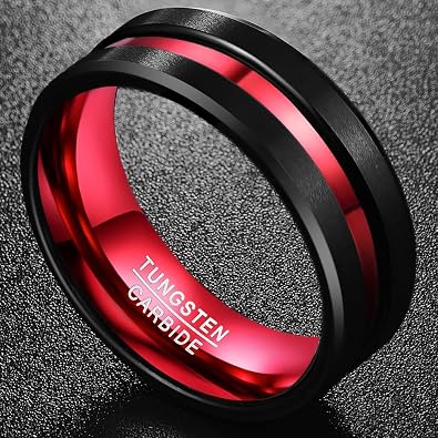 NUNCAD Men's Tungsten Rings Black Red/Blue/Rose Gold Grooved Center