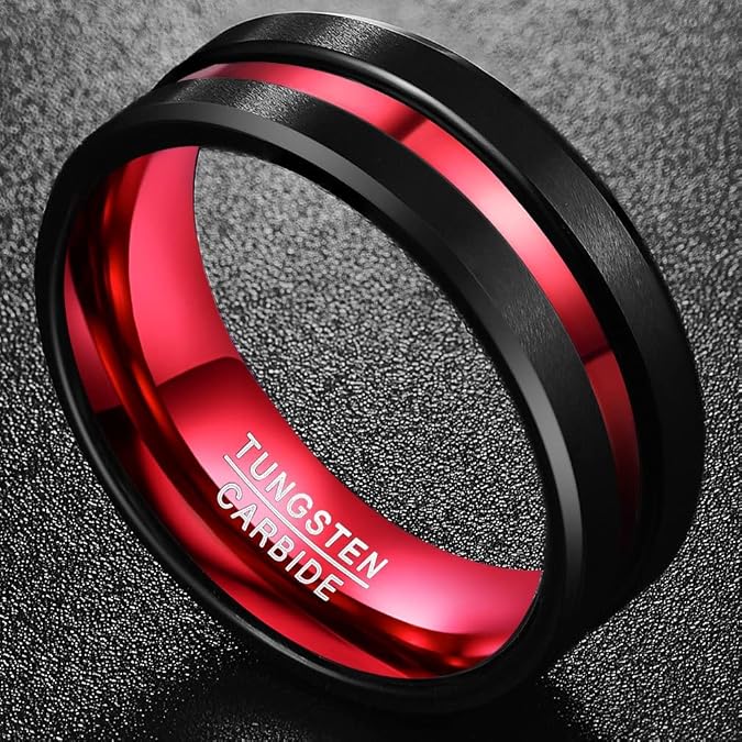 NUNCAD Men's Tungsten Rings Black Red/Blue/Rose Gold Grooved Center