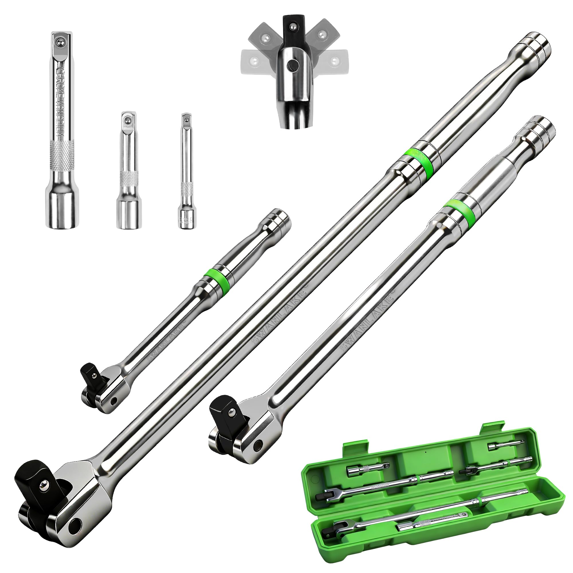 SWANLAKE GARDEN TOOLS 6-Piece Premium Breaker Bar Set, 1/4", 3/8" & 1/2" Drive, Heavy Duty Breaker Bars, 6-inch, 10-inch, 15-inch Length with 180° Rotatable Head