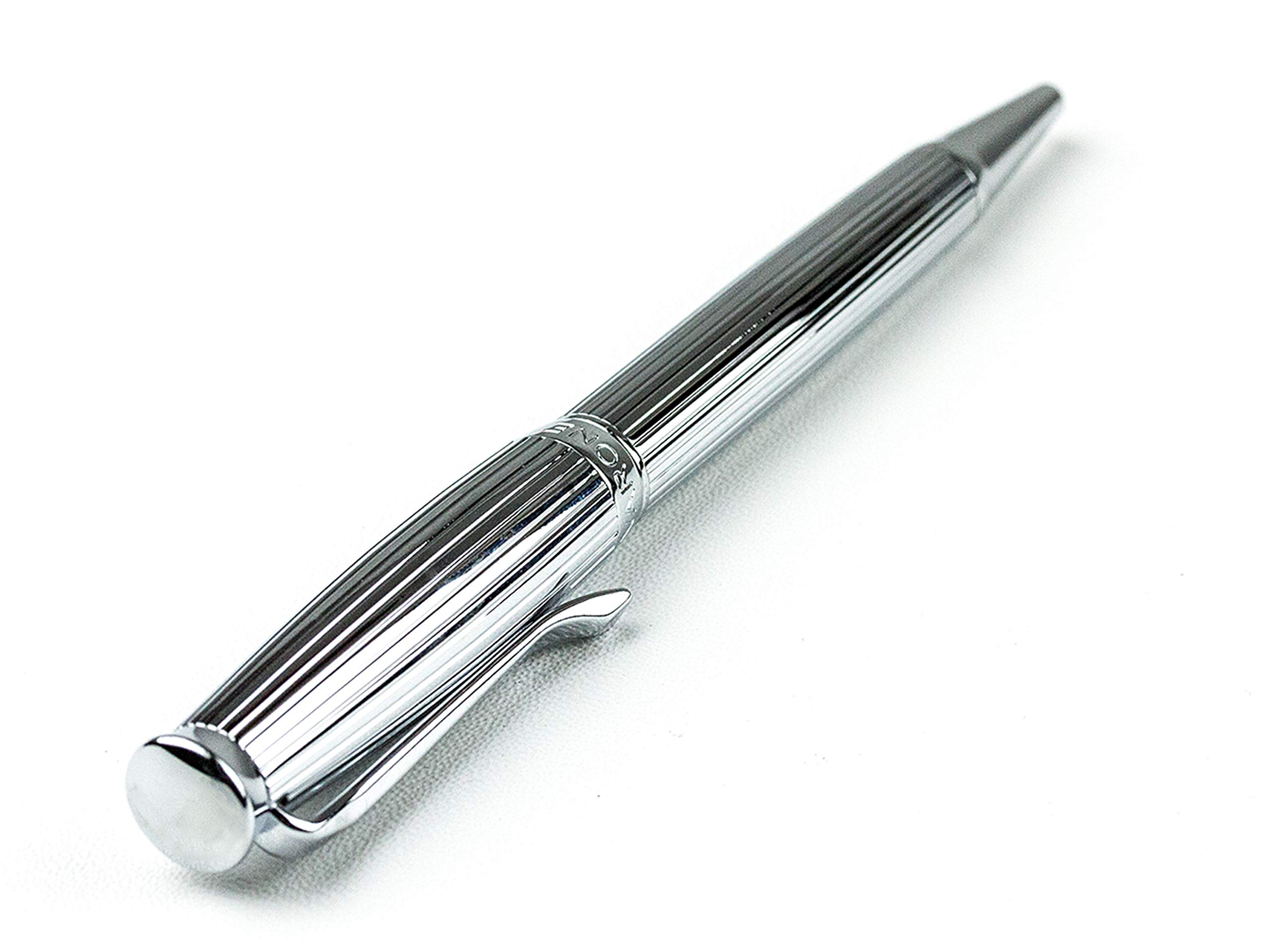 DELMON VARONE - Premium Drehkugelschreiber Silber nachfüllbar mit Blau schreibender Mine & Lederetui - Metall Kugelschreiber für Erwachsene edel, mit silberfarbener Oberfläche & Leder Etui mit Gravur