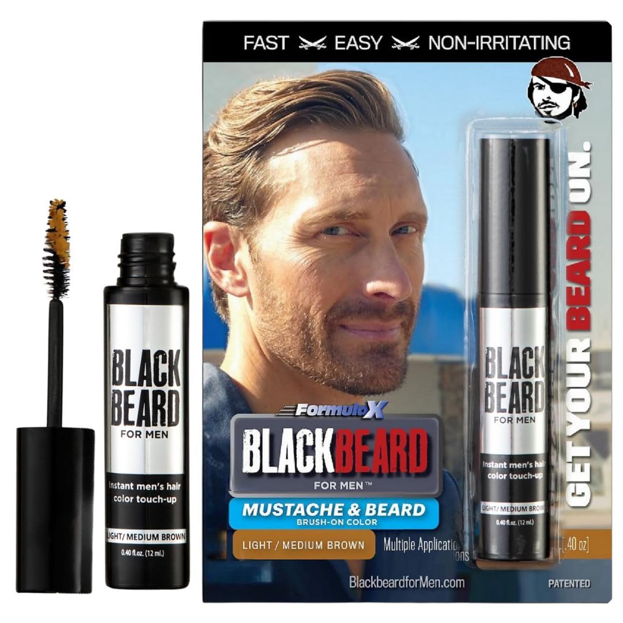 Blackbeard for Men Instant Beard Color – All Day Beard, Mustache, Eyebrow, and Sideburns Color – Temporary, Hypoallergenic Beard Dye Alternative – Up to 45 applications – Light Medium Brown, 1 Pack