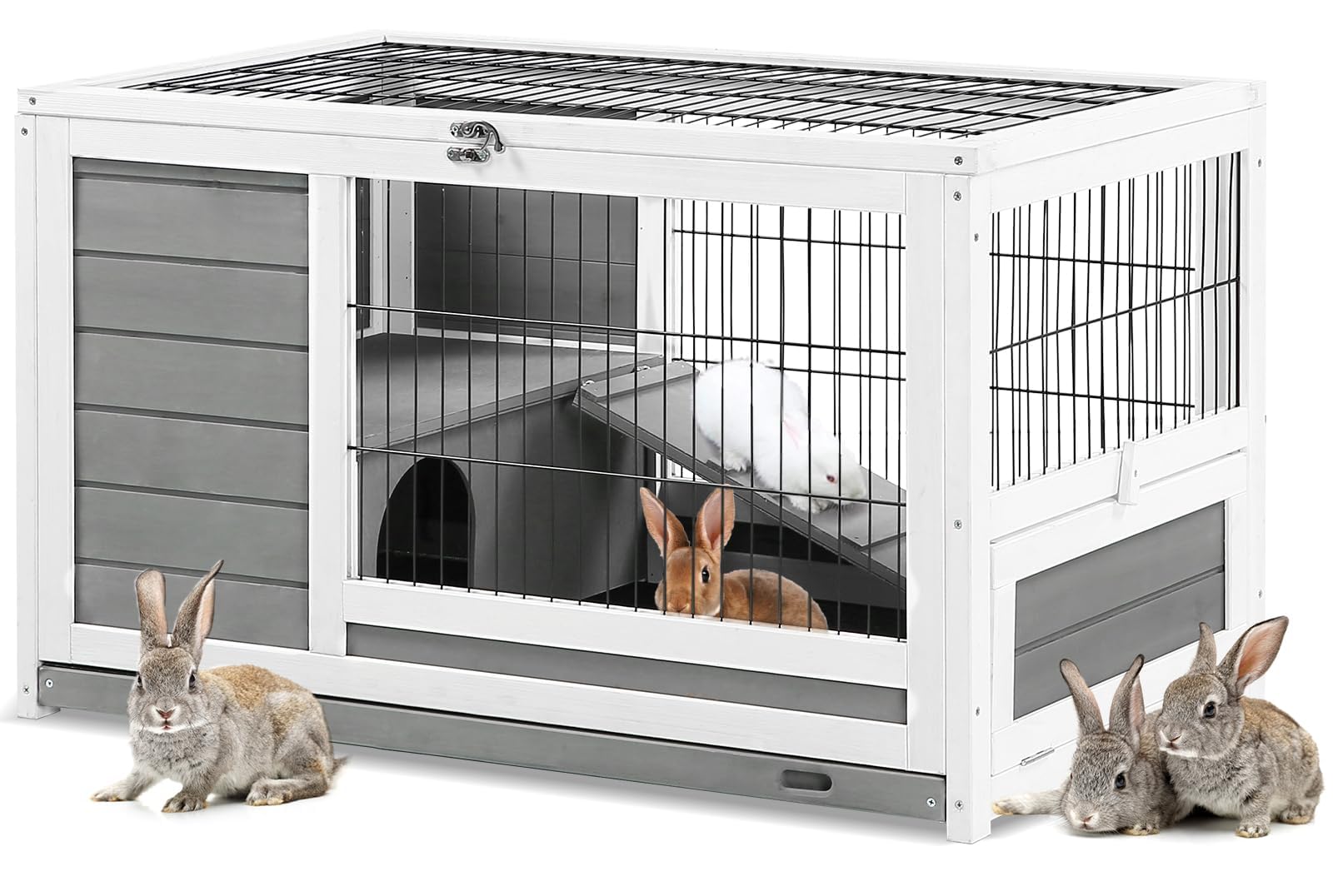 YODOLLA Cage Lapin Exterieur&Intérieur,Clapier Lapin avec Toit ouvrant,Gris | Cage en Bois,Clapier en Bois,90x50x55cm,Clapier à Lapin,Plateau Amovible et Rampe