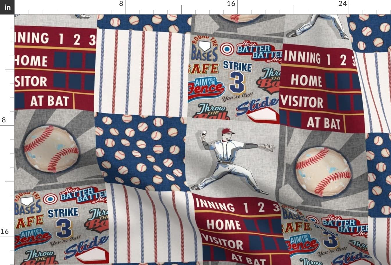 Spoonflower Fabric - Baseball Patchwork Pitcher Red White Blue Quilt Topper Wholecloth Printed on Minky Fabric by The Yard - Sewing Baby Blankets Quilt Backing Plush