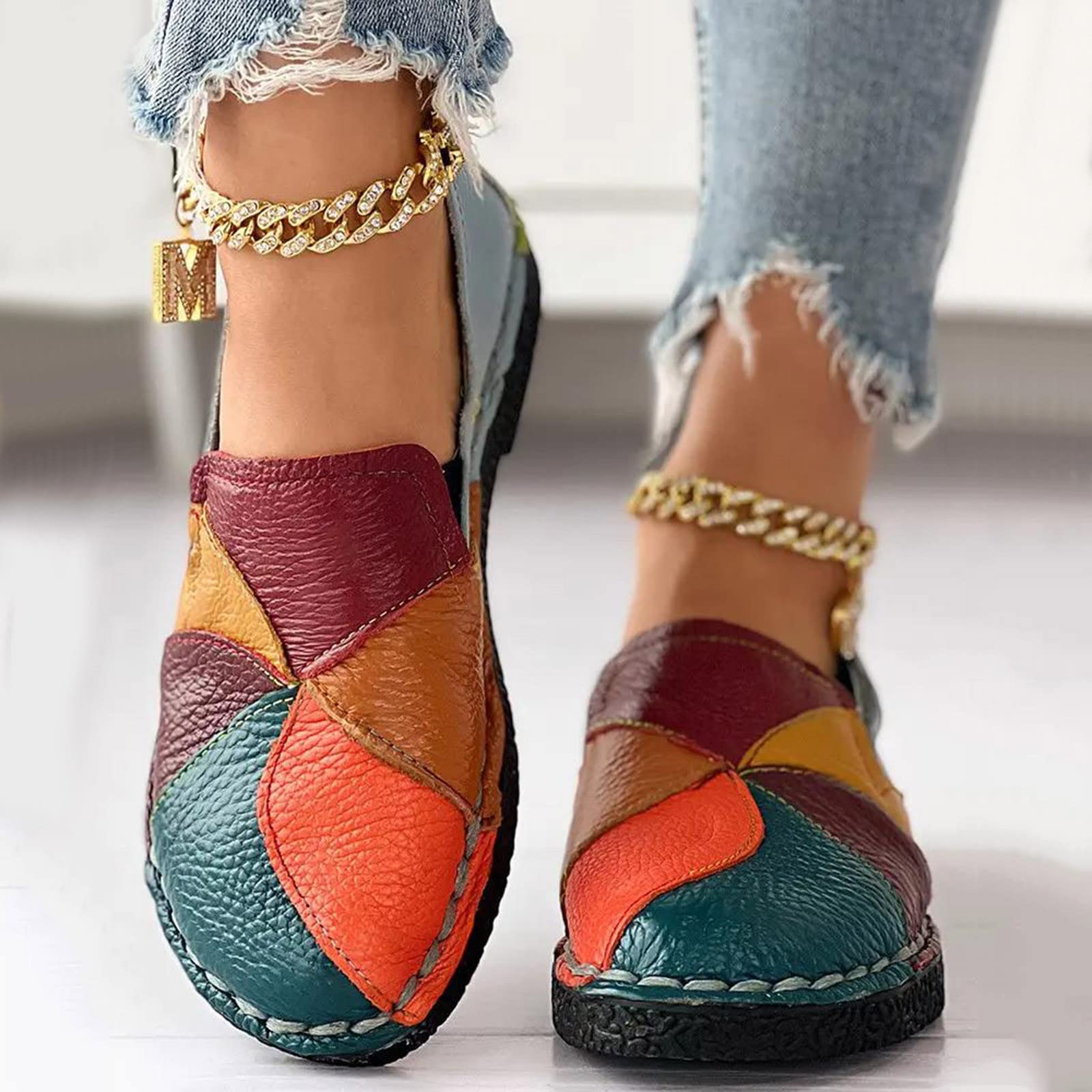 Zapatos de maternidad para mujer, de piel, planos, para caminar, ligeros, transpirables, de tela, para el día a día, patchwork