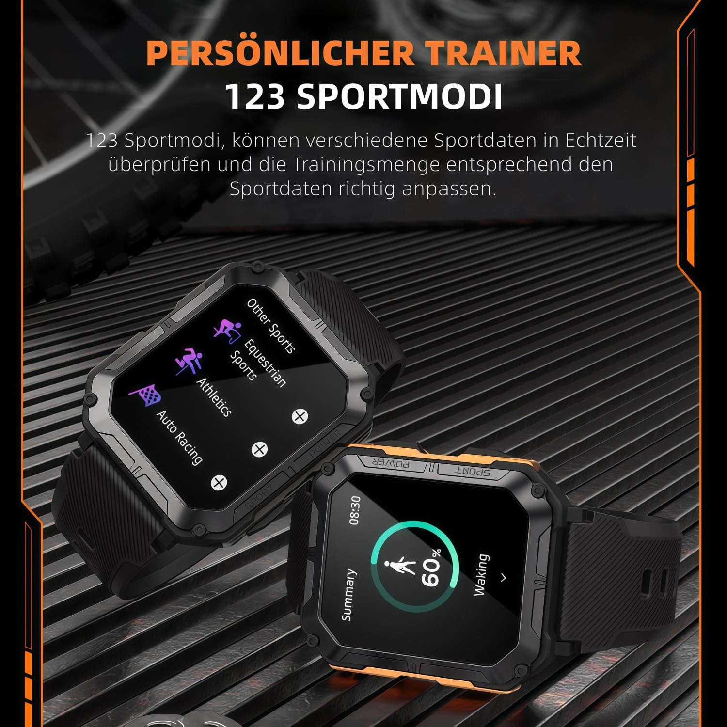 Thor Die Stabilste Smartwatch Originale smarte Sportuhr für Herren mit Telefonfunktion, Schrittzählung, Herzfrequenzüberwachung und Blutdruckmessung (orange Farbe)