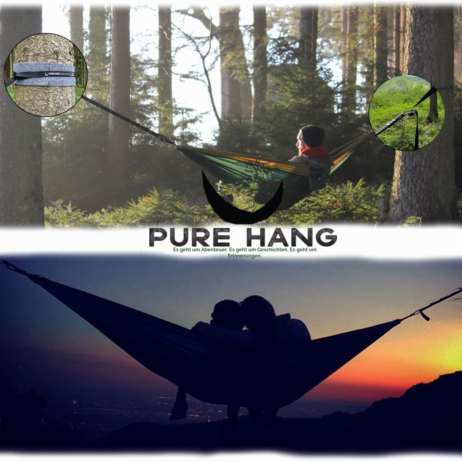 PURE HANG Premium Camping Hängematte Outdoor 2 Personen aus Nylon Fallschirmseide für Reise, Travel, Garten mit Befestigung Aufhänge Set