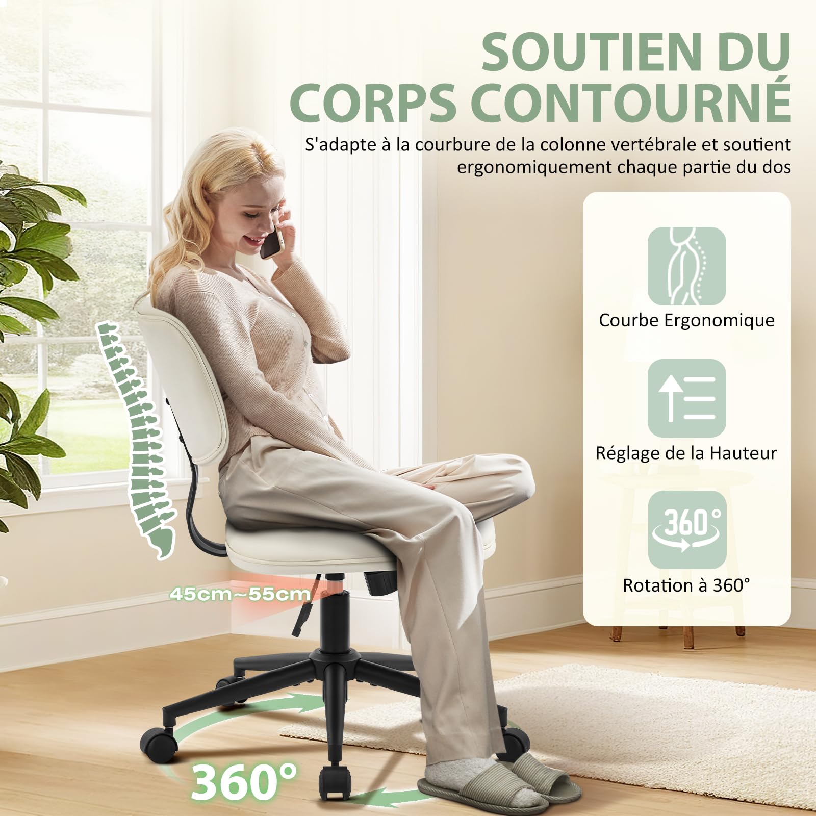 Hellove Chaise Bureau Beige Cuir, Chaise Coiffeuse Réglable en Hauteur 360° Pivotante, Fauteuil Bureau Ado Fille avec roulettes, Confortable pour Salon Chambre Bureau - Beige