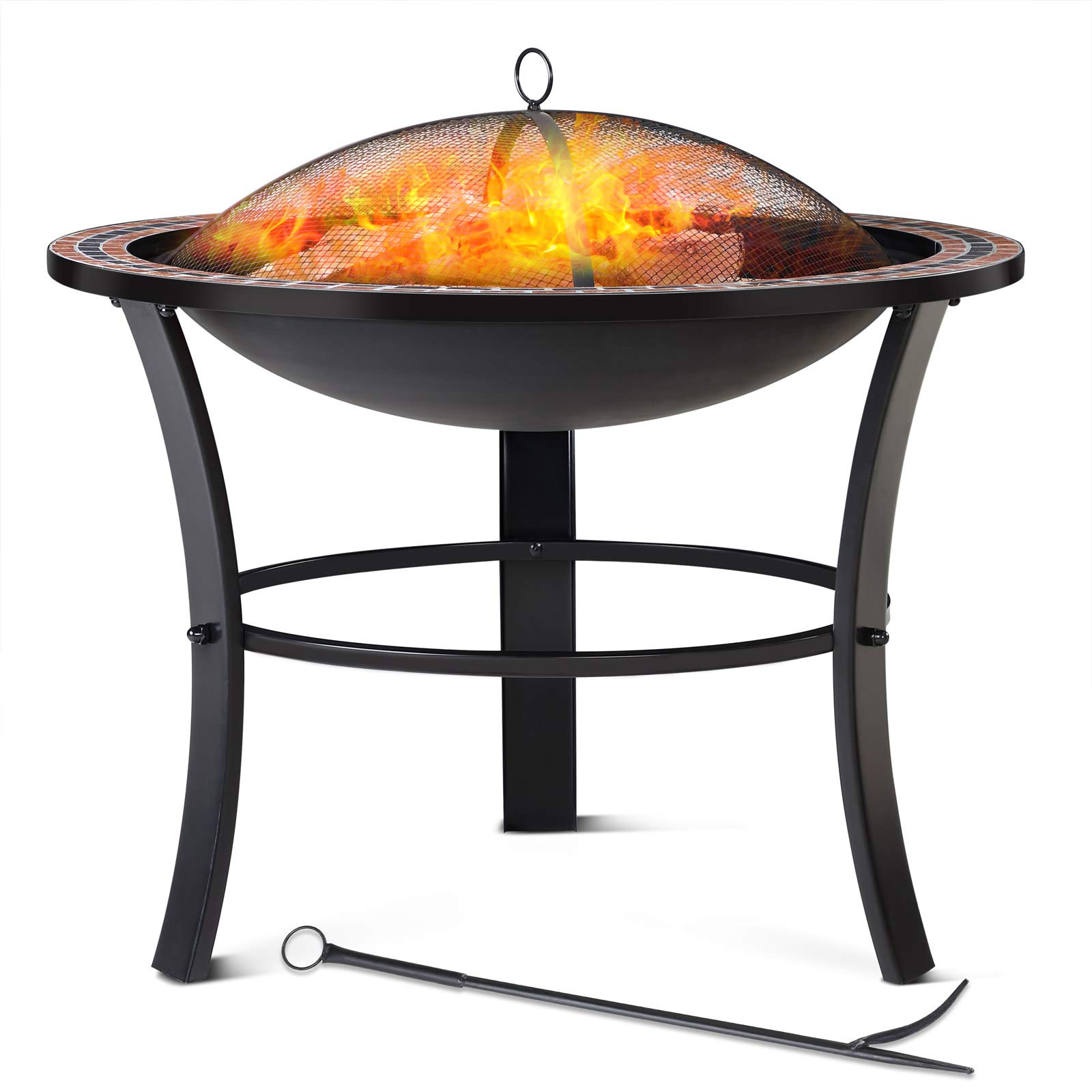 GARDEBRUK® Fuoco Round Mosaic Garden Fire Pit | 76cm 30' Diameter | Real Stone Tile Mosaic Decorated Edge | Fire Grate Spark Arrestor Cover Grid and Hook Included | Outdoor Log Burner