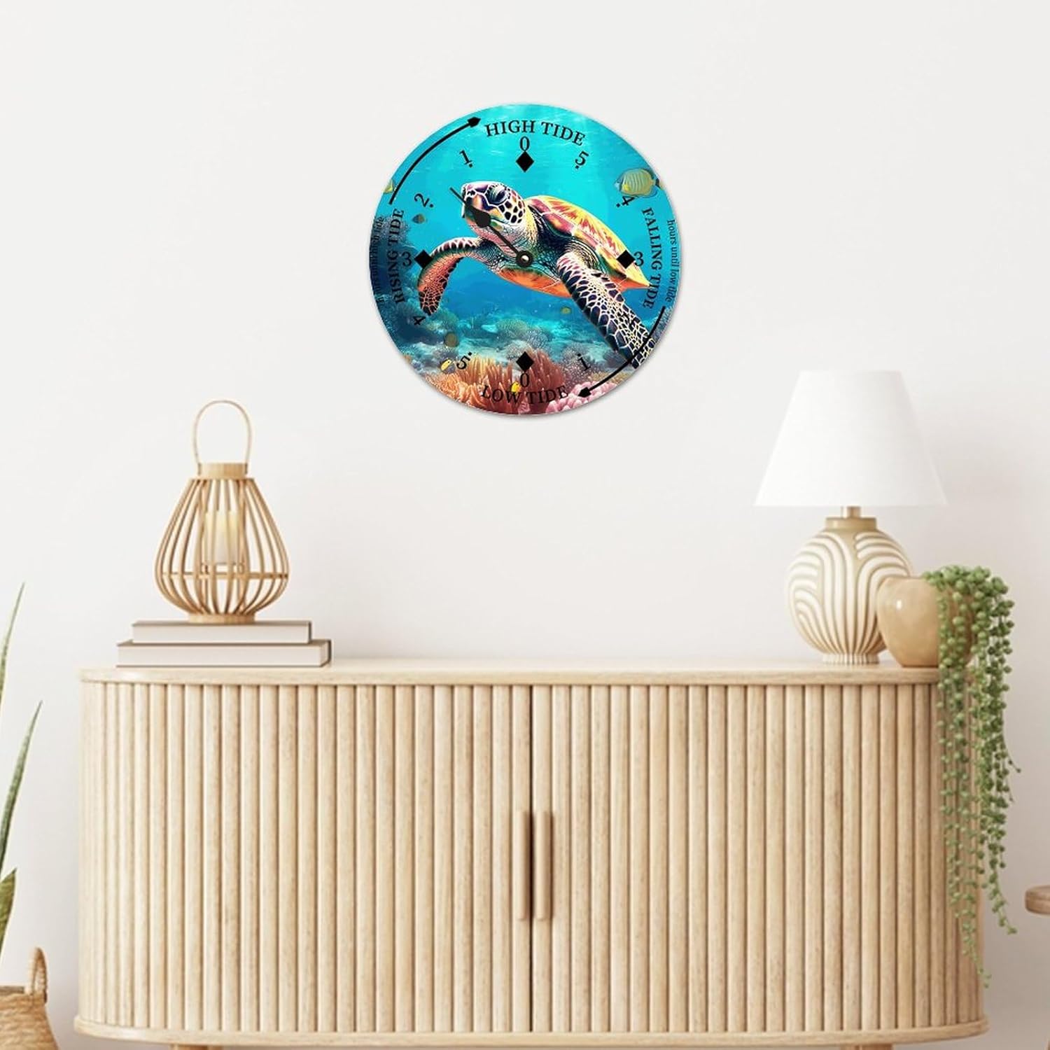Cheyan Sea Turtle Farmhouse Wood Tidal Clock Nautical Moon East Coast Ocean Time High and Low Tide Wooden Clock Decoration for Beach House Home Sailing Gifts for Fisherman 15x15 in