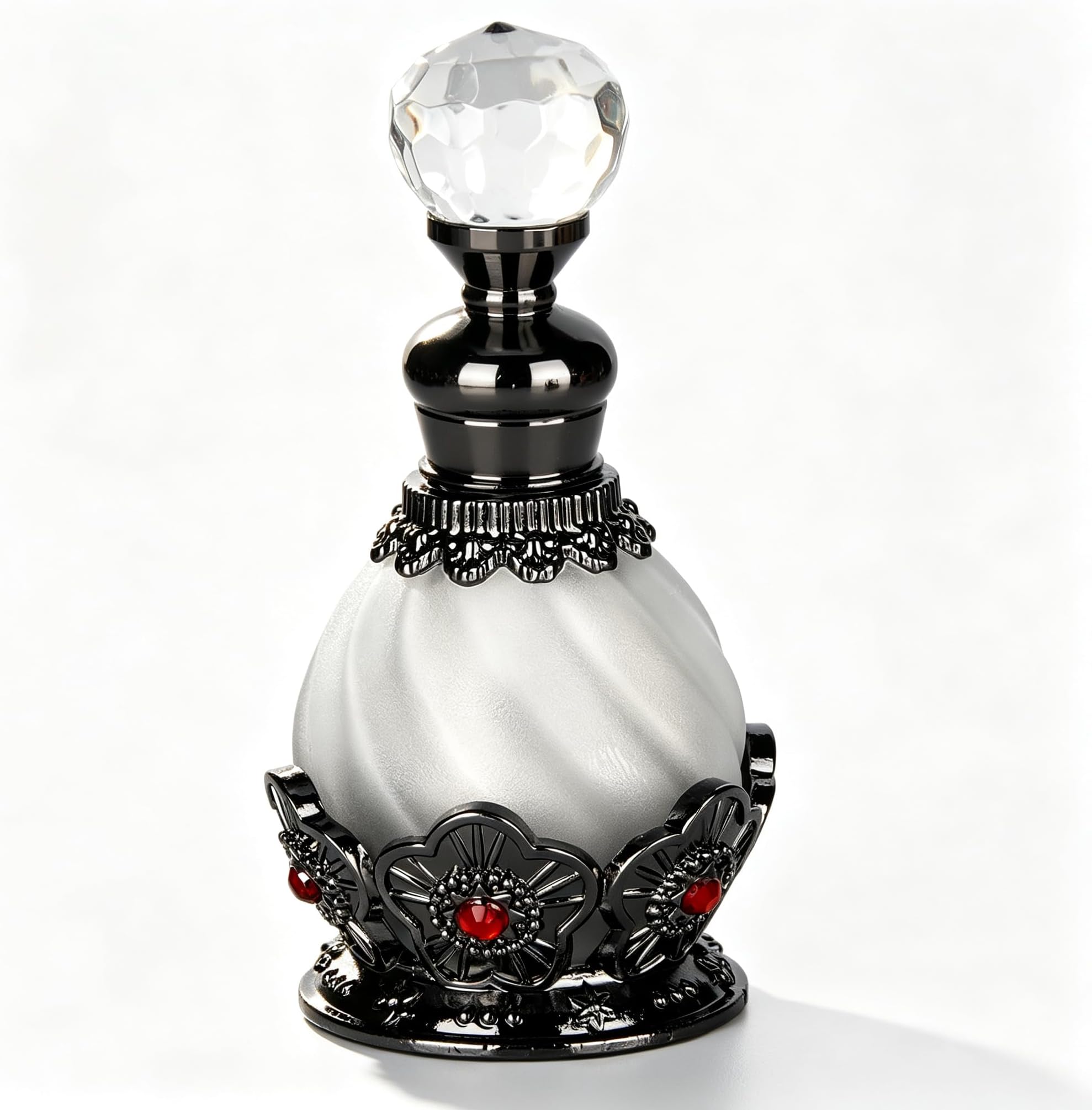 15ml Vintage Glass Perfume Bottle with Antique Silver Flower Figurine - Refillable Empty Decorative Bottle for Essential Oils - Girl or Women Gift for Dresser Table Decor