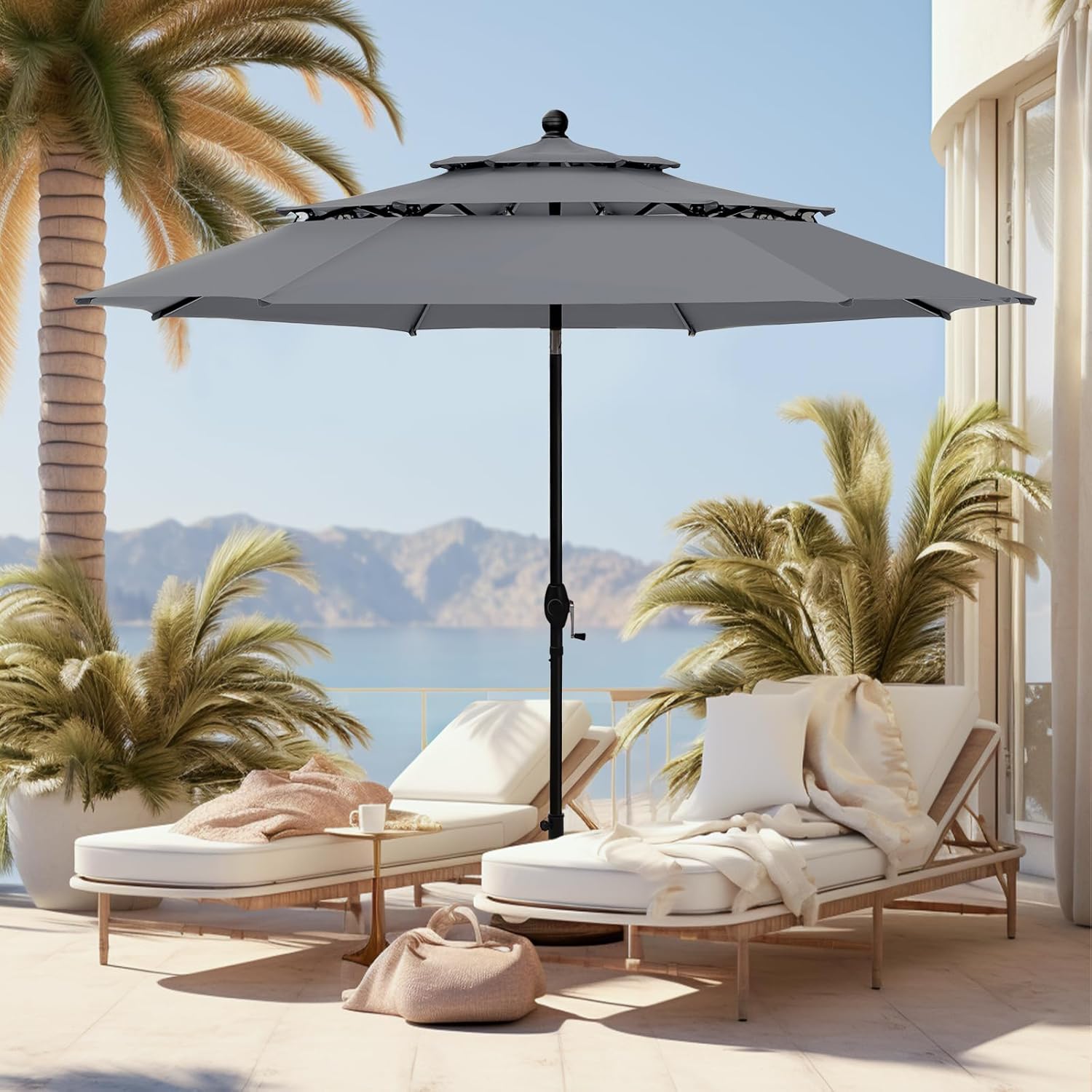 GREEN PARTY 10ft Outdoor Patio Umbrella, Auto-Tilt Market Table Umbrellas with Crank, 8 Sturdy Ribs & 1.5" Pole UV Protection for Garden Deck Backyard Pool, Smoky Gray