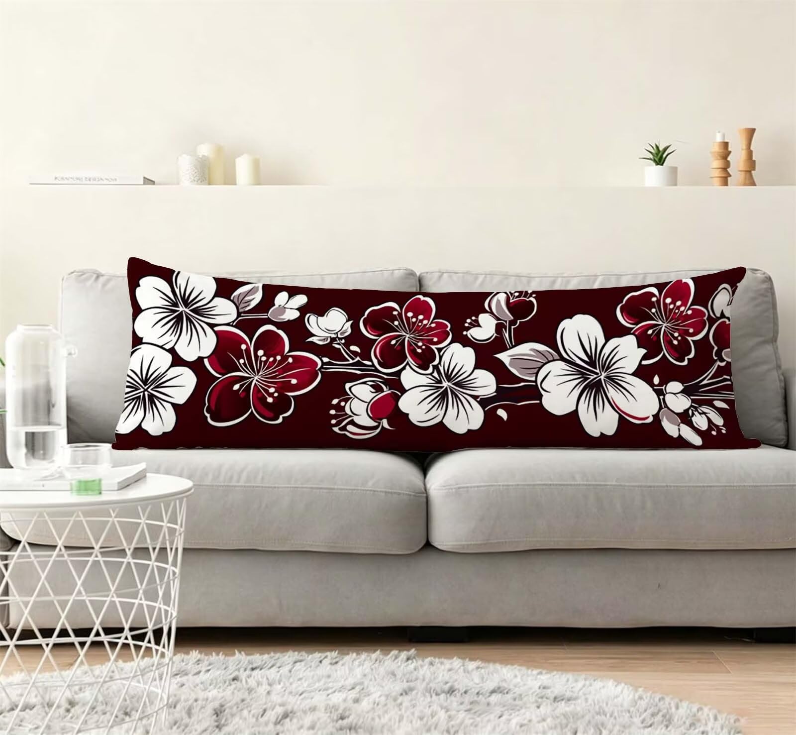 Rosso-5 Federe Cuscino Letto 50 x 150 cm, Grande Cuscini per Divano Lino, | Doppia Faccia Stampa, Fiore-5 Fodera per Cuscino Decorativa, con Cerniera, Cuscino per Dormire Sul Fianco j-212