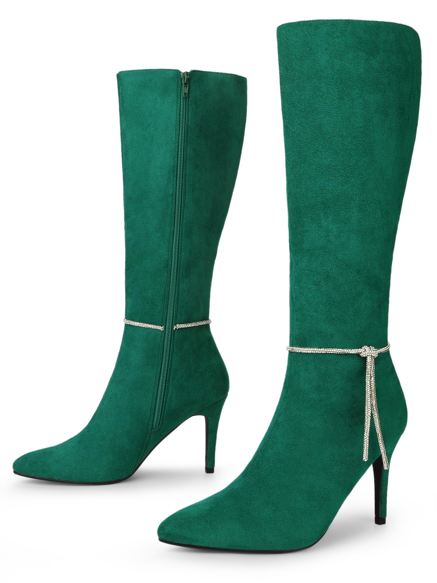 Allegra K Botas altas hasta la rodilla con tacón de aguja y cadena de cristal de diamantes de imitación para mujer, Verde, 38 EU