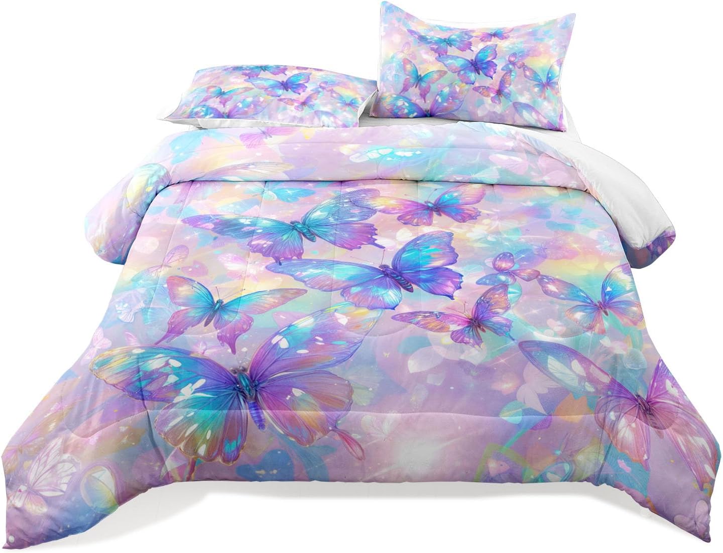 Raphus Cucullatus Pink Butterfly Comforter, Kawaii Queen Size Botanical Bedding