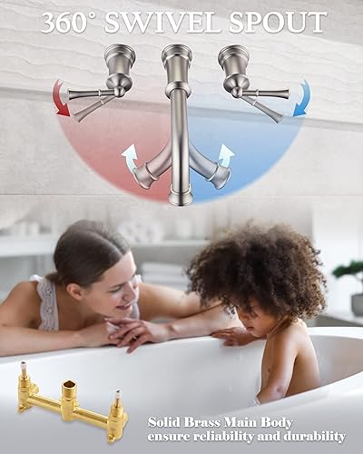 Miniatura 5 de Llenador de bañera de montaje en pared con válvula áspera, grifo de bañera romana de latón de alto flujo de 2 manijas montado en la pared, boquilla