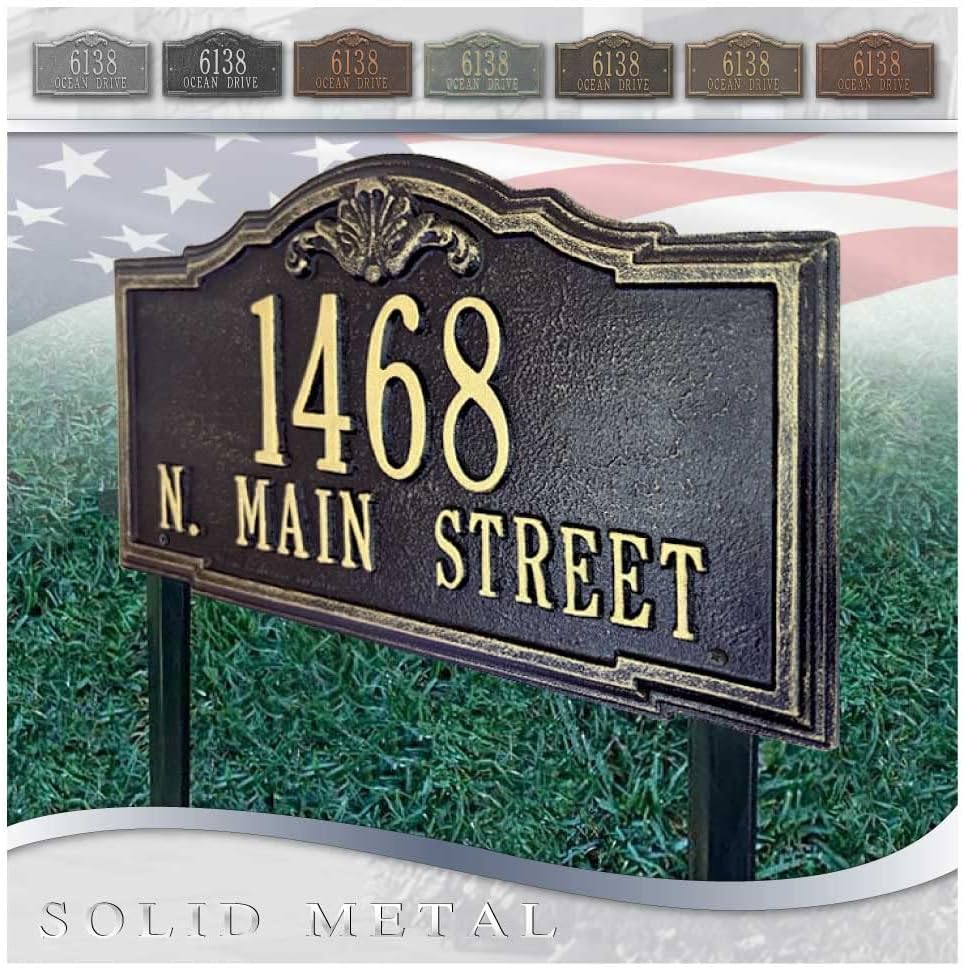 Whitehall™ Personalized Cast Metal Address plaque - LAWN MOUNTED Gatewood Plaque. Made in the USA. BEWARE OF IMPORT IMITATIONS. Display your address and street name. Custom house number sign.