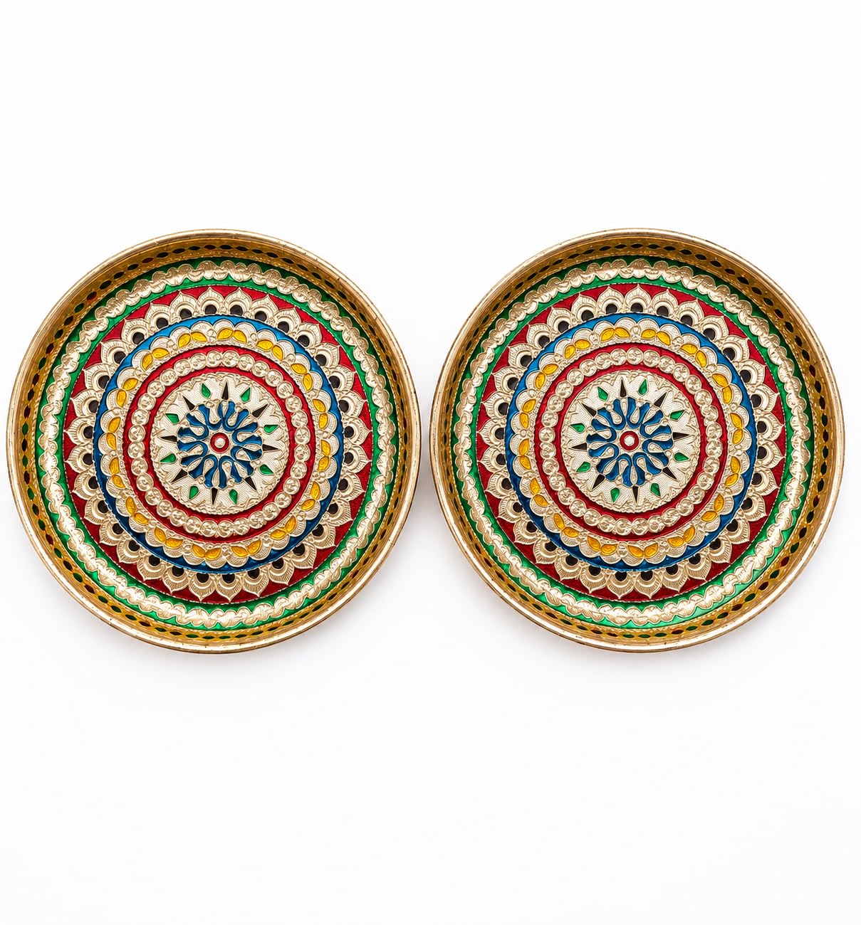 Metal Pooja Thali Set of 2 | | 7 inch Round Pooja Plate | Floral Design | for Aarti, Prasad & Festival Decor-image-16