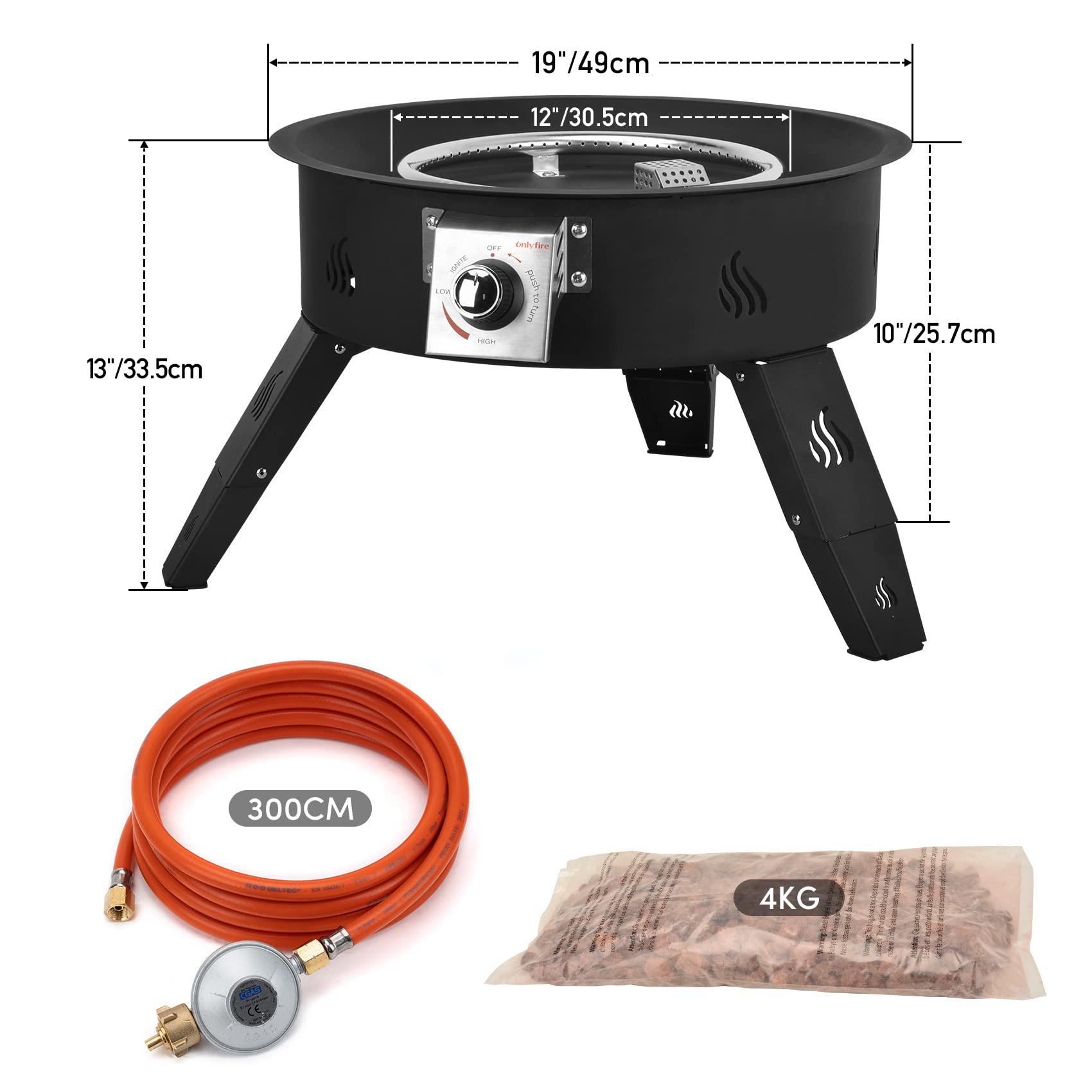 Onlyfire Tragbare Gas-Feuerstelle mit 4kg Lavastein, Ø 49 cm Outdoor Feuerstelle Gas mit höhenverstellbarem Fuß, Feuerschalen für Camping Lagerfeuer Picknick Hinterhof