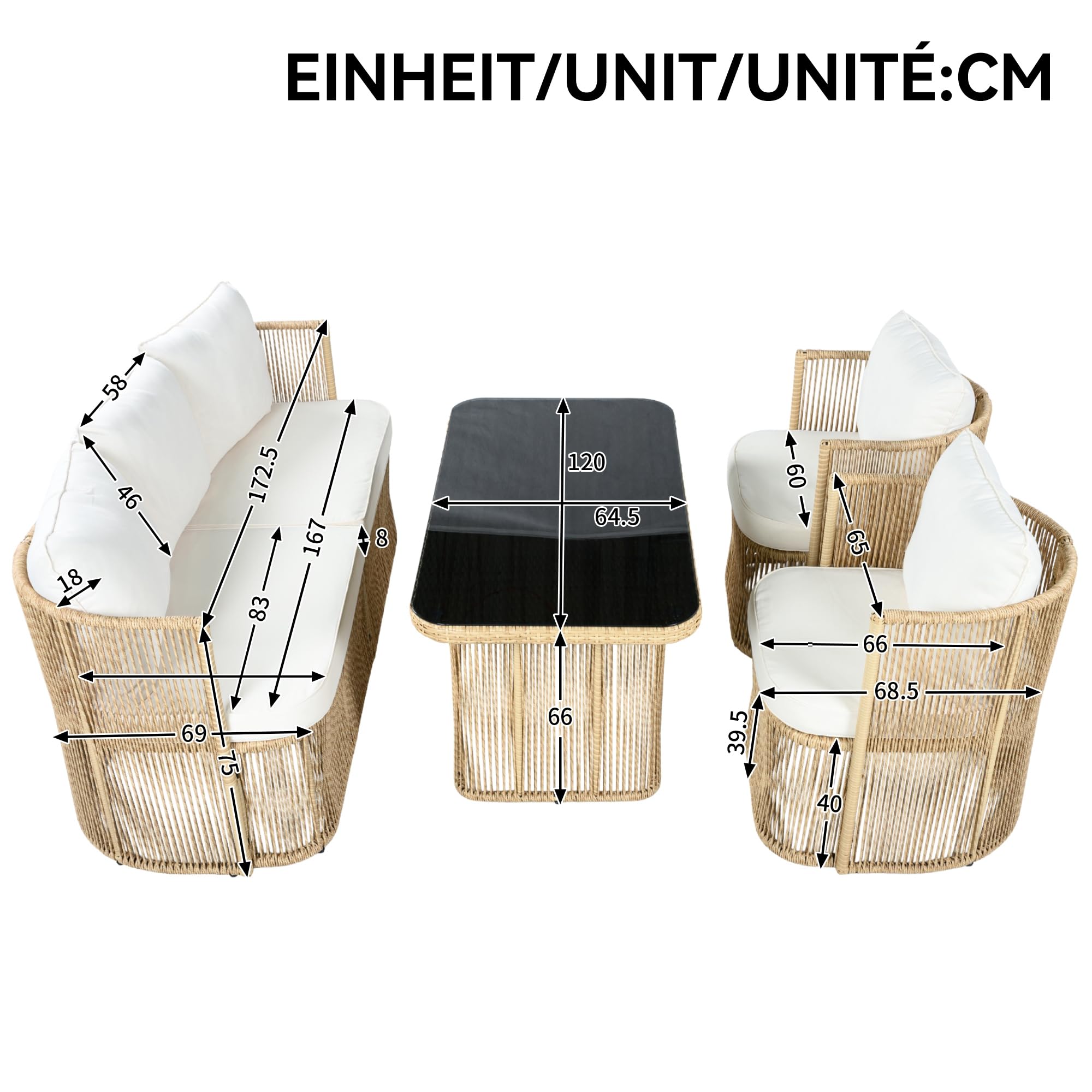 Conjunto de Jardin Exterior de Ratán para 5 Personas, 4 Piezas, Set Muebles Jardin con Mesa y 2 Sillones, Sillas con Cojines, Juego de Muebles de Jardín para Patio Terraza (Beige + Negro)