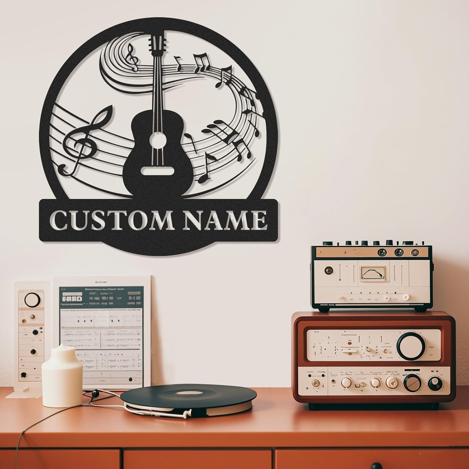 Letrero de metal personalizado de guitarra, letreros de metal personalizados, decoración de pared de notas musicales, arte de pared divertido con